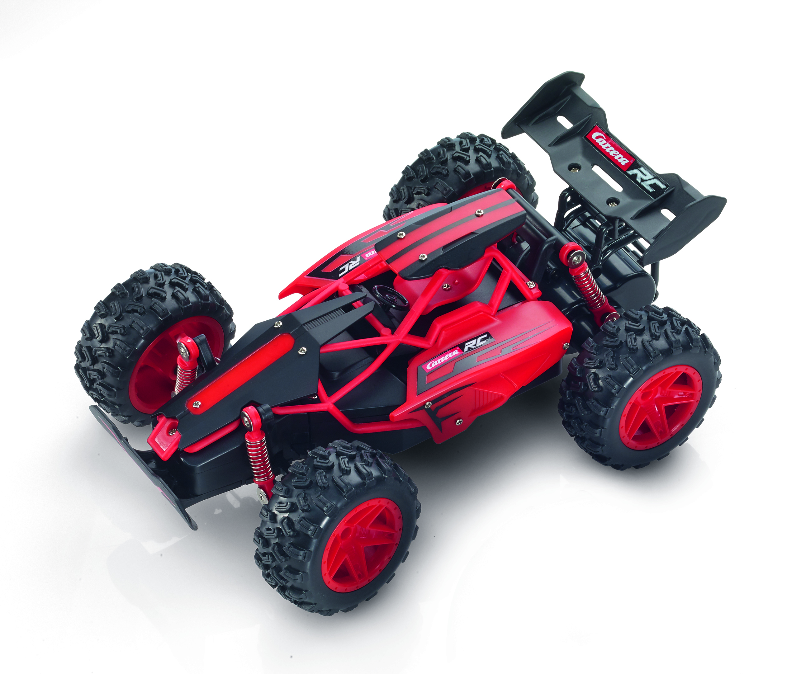 Rotes und schwarzes ferngesteuertes Auto auf einer weißen Oberfläche. Das Spielzeugauto ist von oben sichtbar.