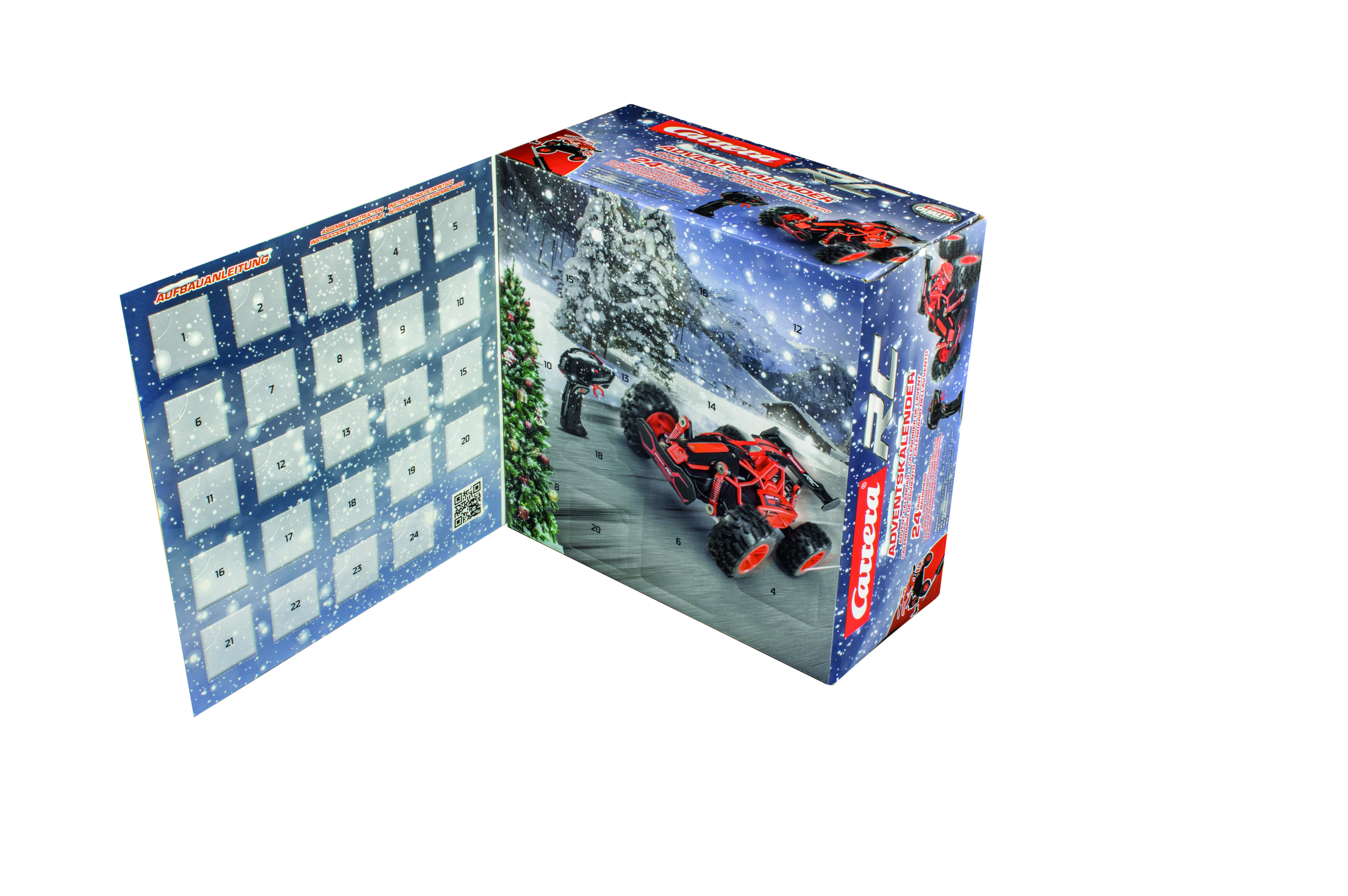 Ein Adventskalender-Karton mit einem Rennwagen-Bild, geöffnet, um nummerierte Türen zu zeigen.