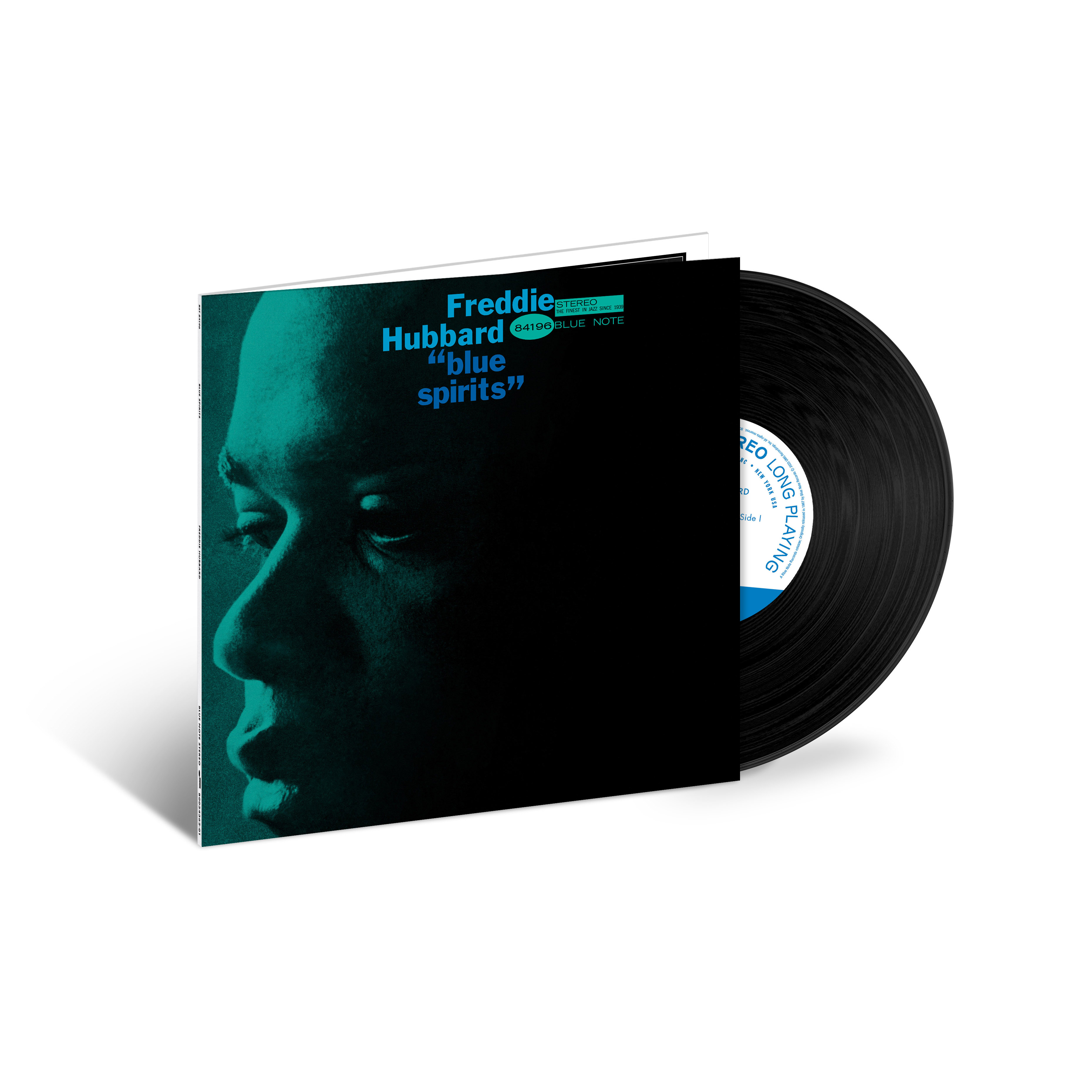 Albumcover mit Freddie Hubbards Gesicht und 'blue spirits' Text. Schwarze Schallplatte rechts sichtbar.
