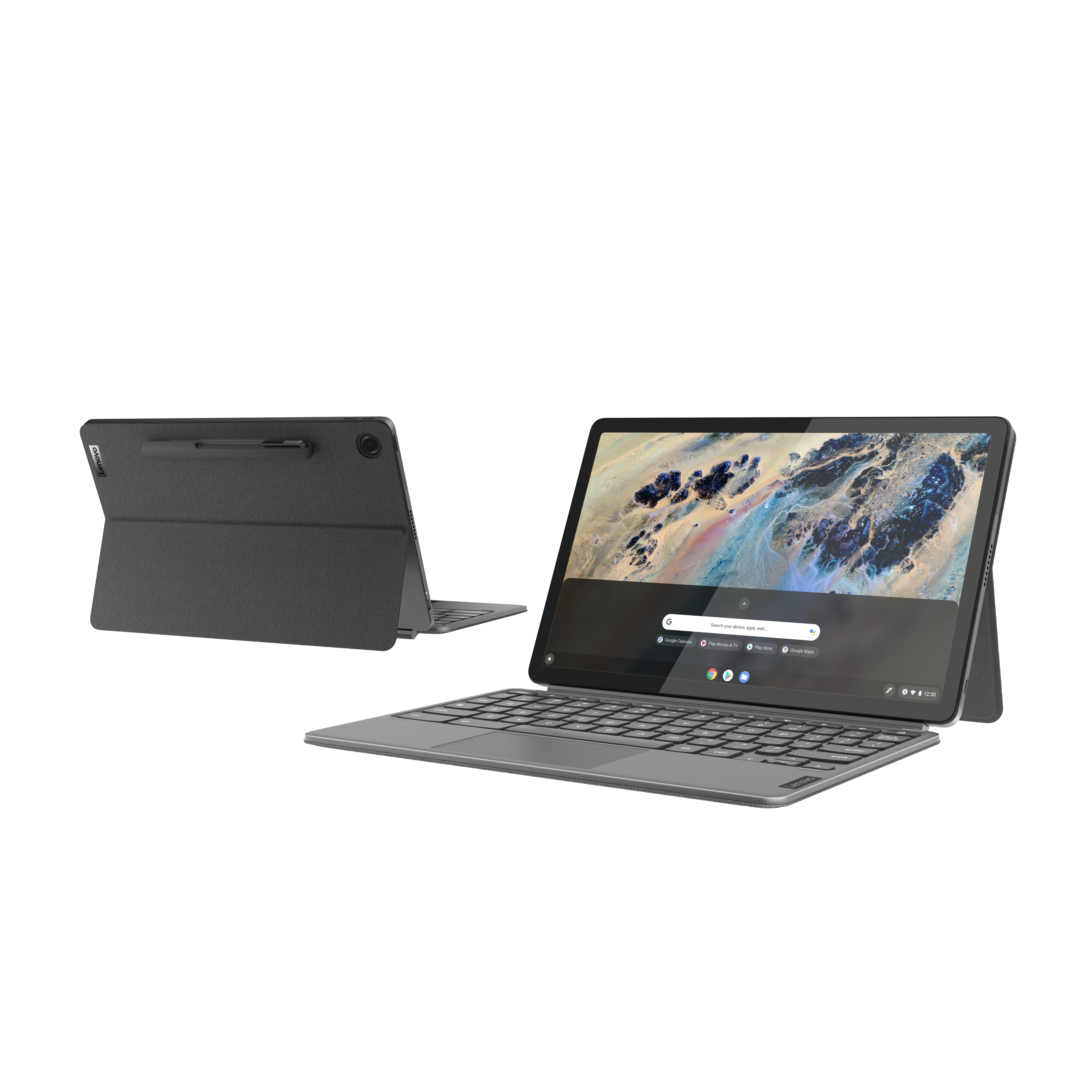 Laptop mit Tastatur und Stift auf weißer Oberfläche.
