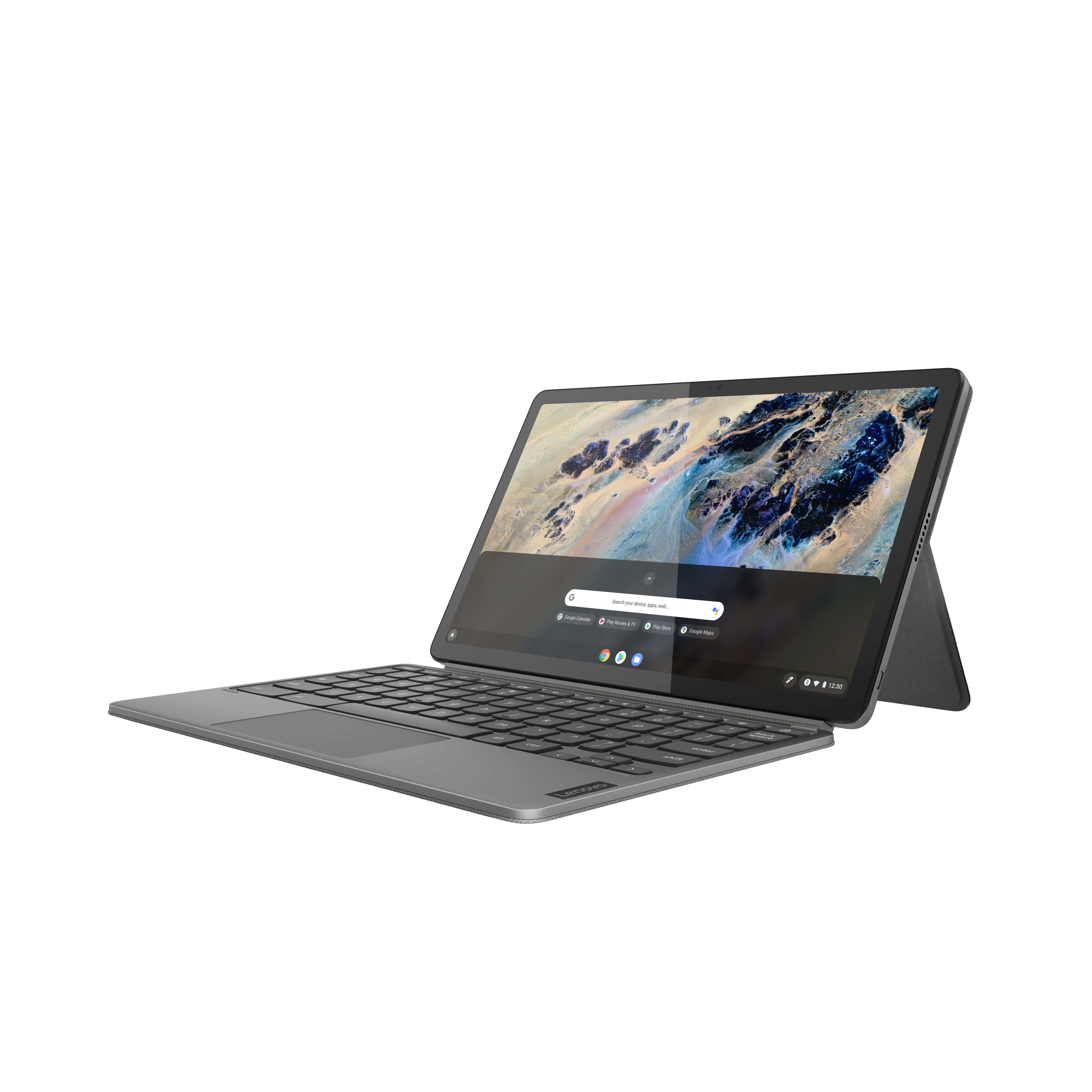 Laptop auf einem Ständer mit Tastatur und Bildschirm, der eine Suchleiste anzeigt.