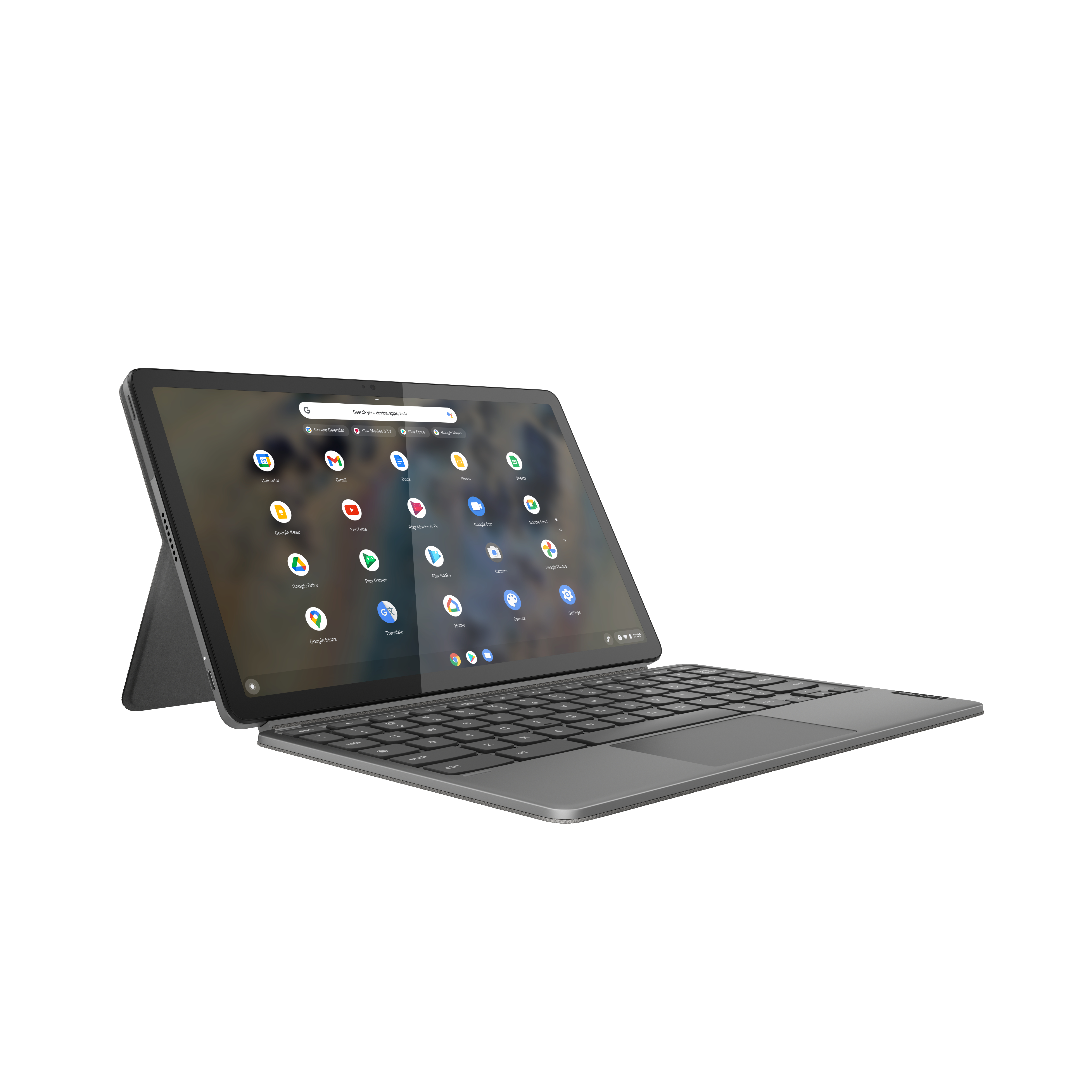 Ein Tablet mit Tastatur, das aufrecht steht. Der Bildschirm zeigt App-Symbole auf weißem Hintergrund.