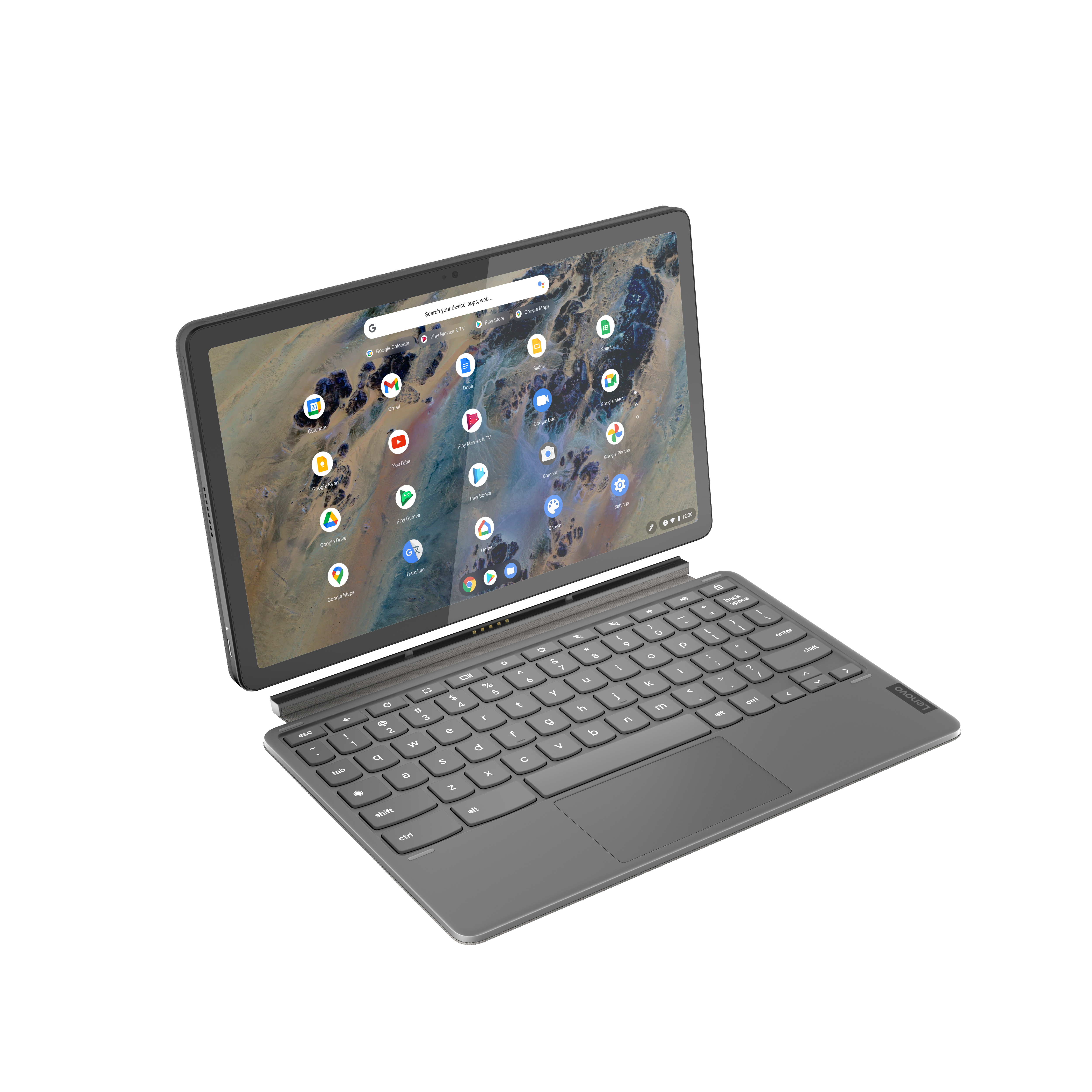 Graues Tablet mit angeschlossener Tastatur. Bildschirm zeigt eine Google-Suchseite.