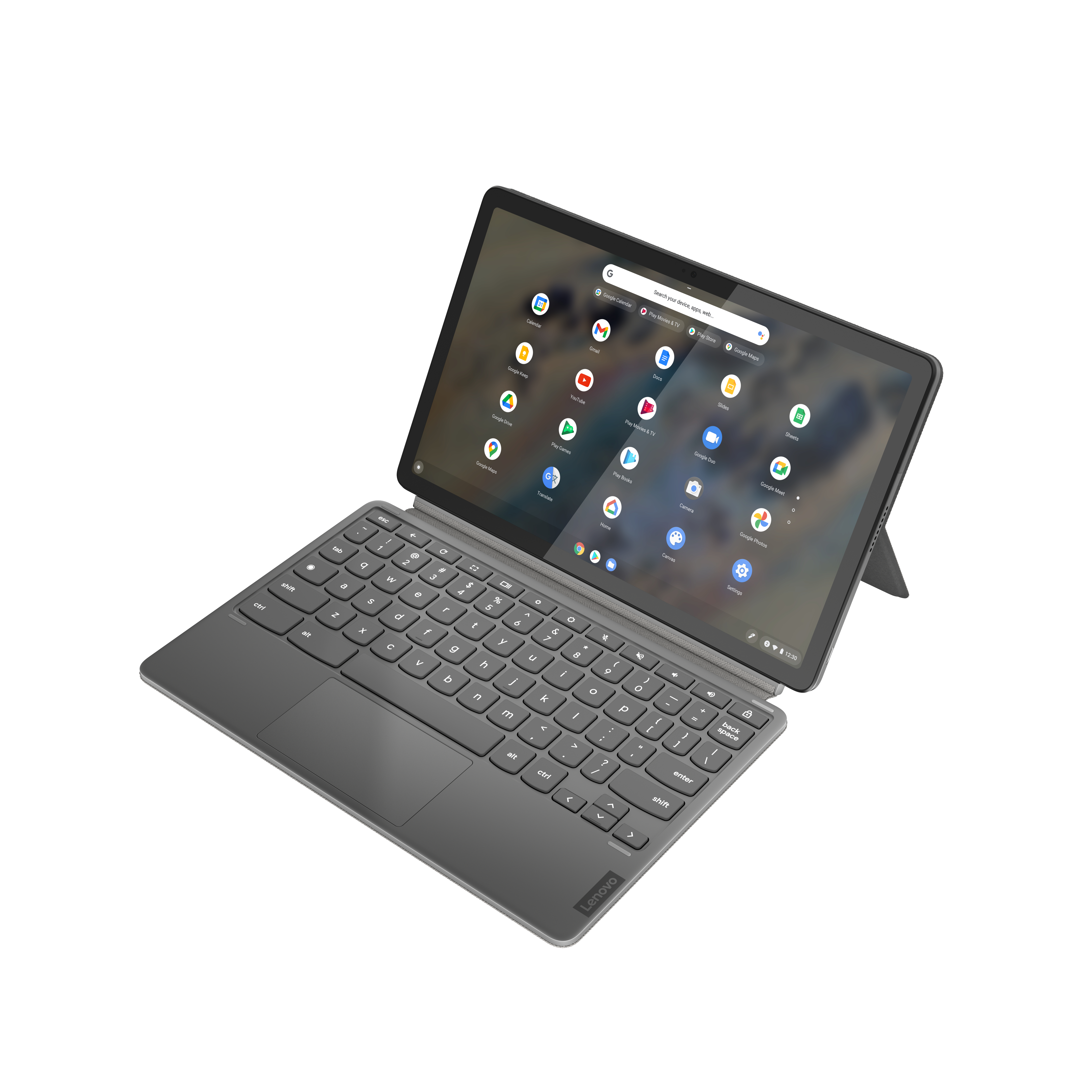 Tablet mit Tastatur, Bildschirm zeigt App-Symbole. Marke Lenovo. Weißer Hintergrund.
