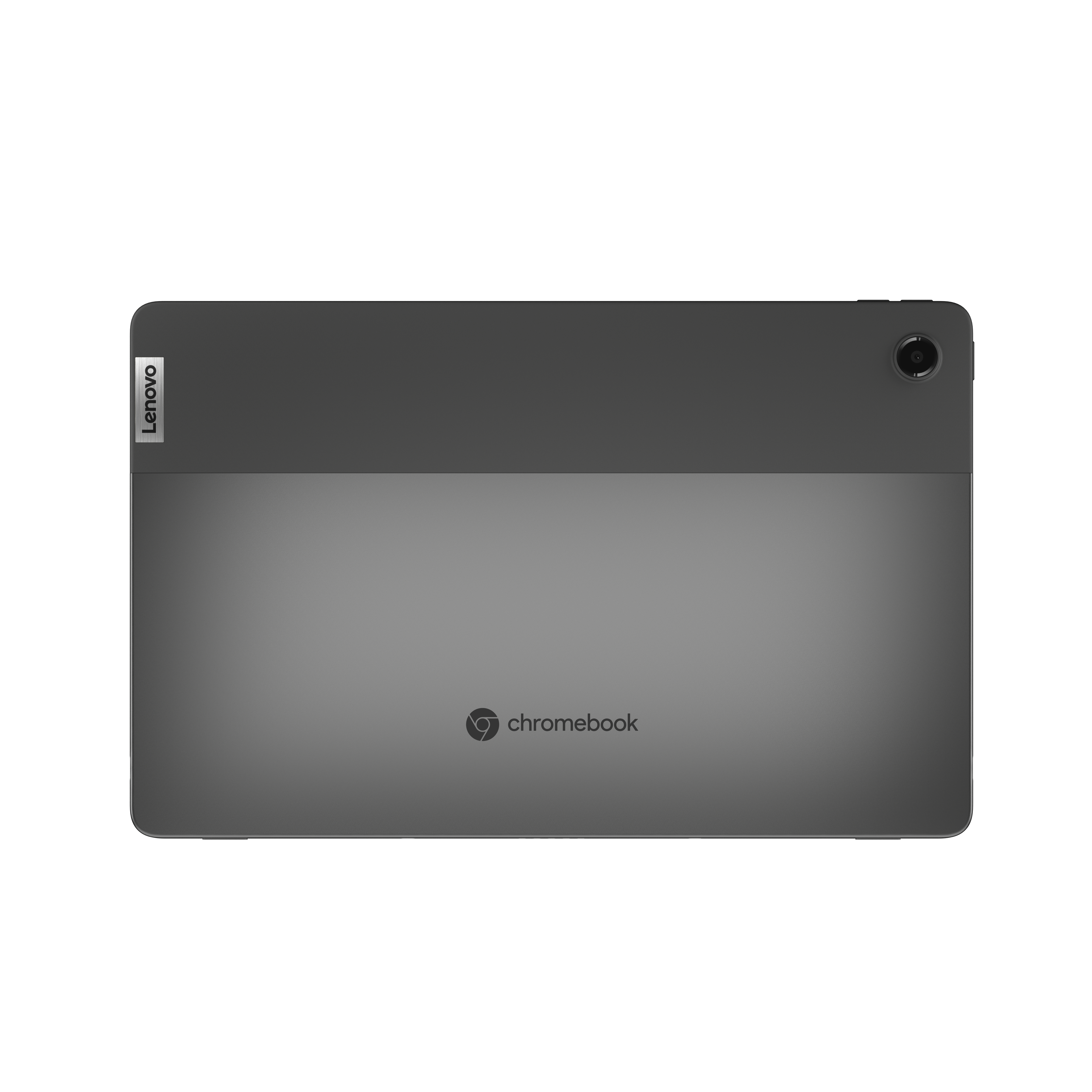 Ein graues Lenovo Chromebook Tablet, Rückansicht, mit weißem Hintergrund.