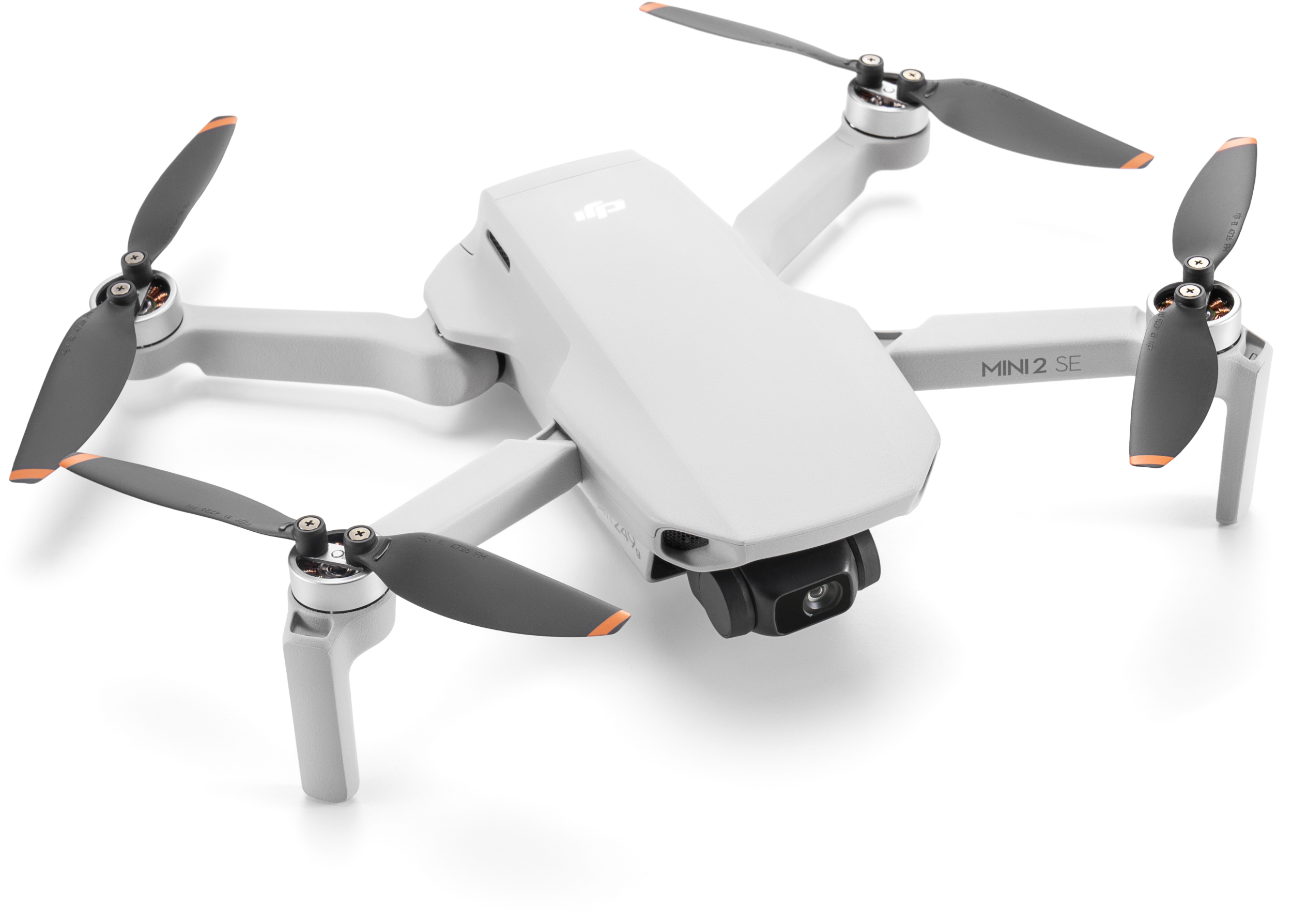 DJI Mini 2 SE Drohne, weiß und grau, mit Propellern, auf weißem Hintergrund.