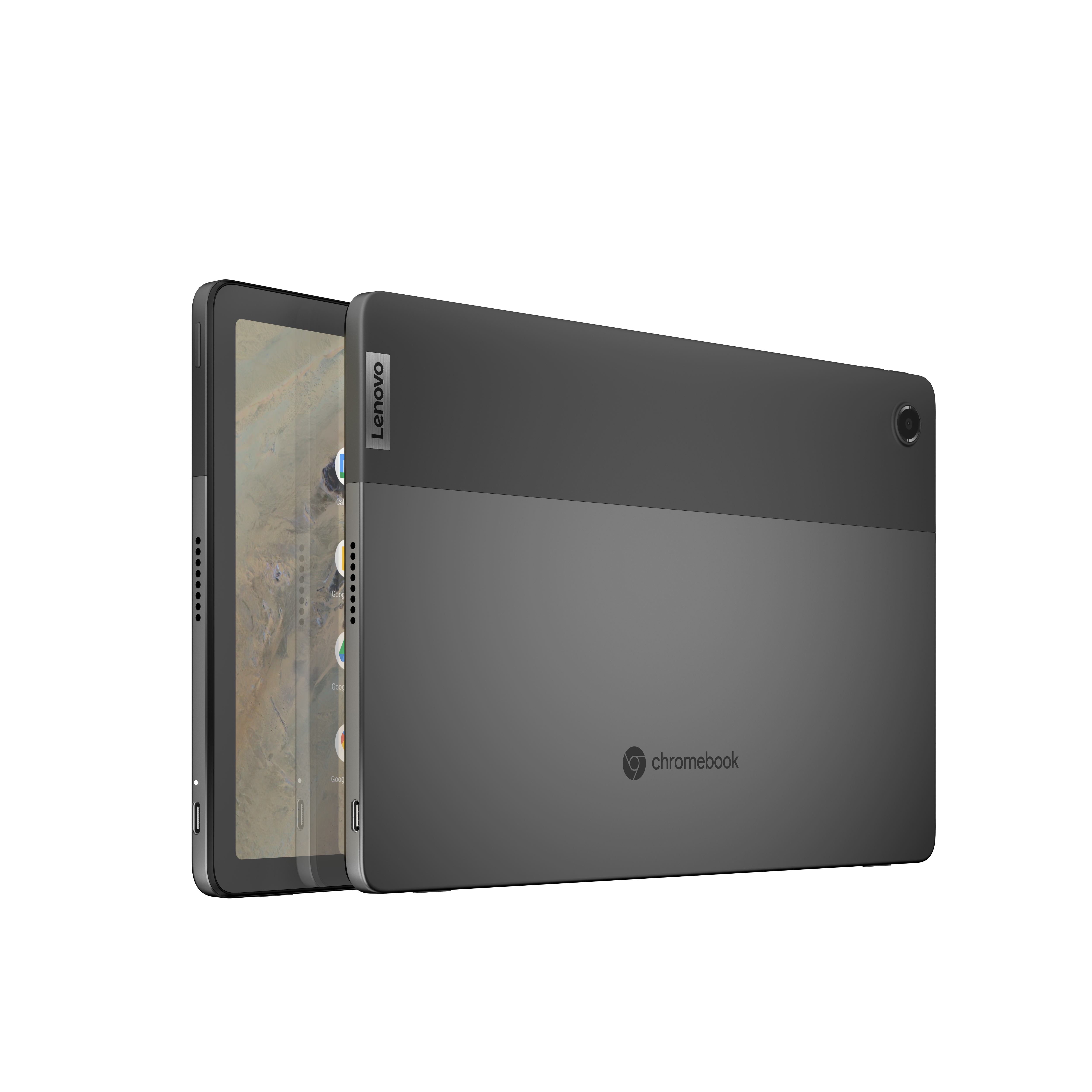 Graues Lenovo Chromebook Tablet. Vorder- und Rückansicht. Das Tablet ist leicht angewinkelt.
