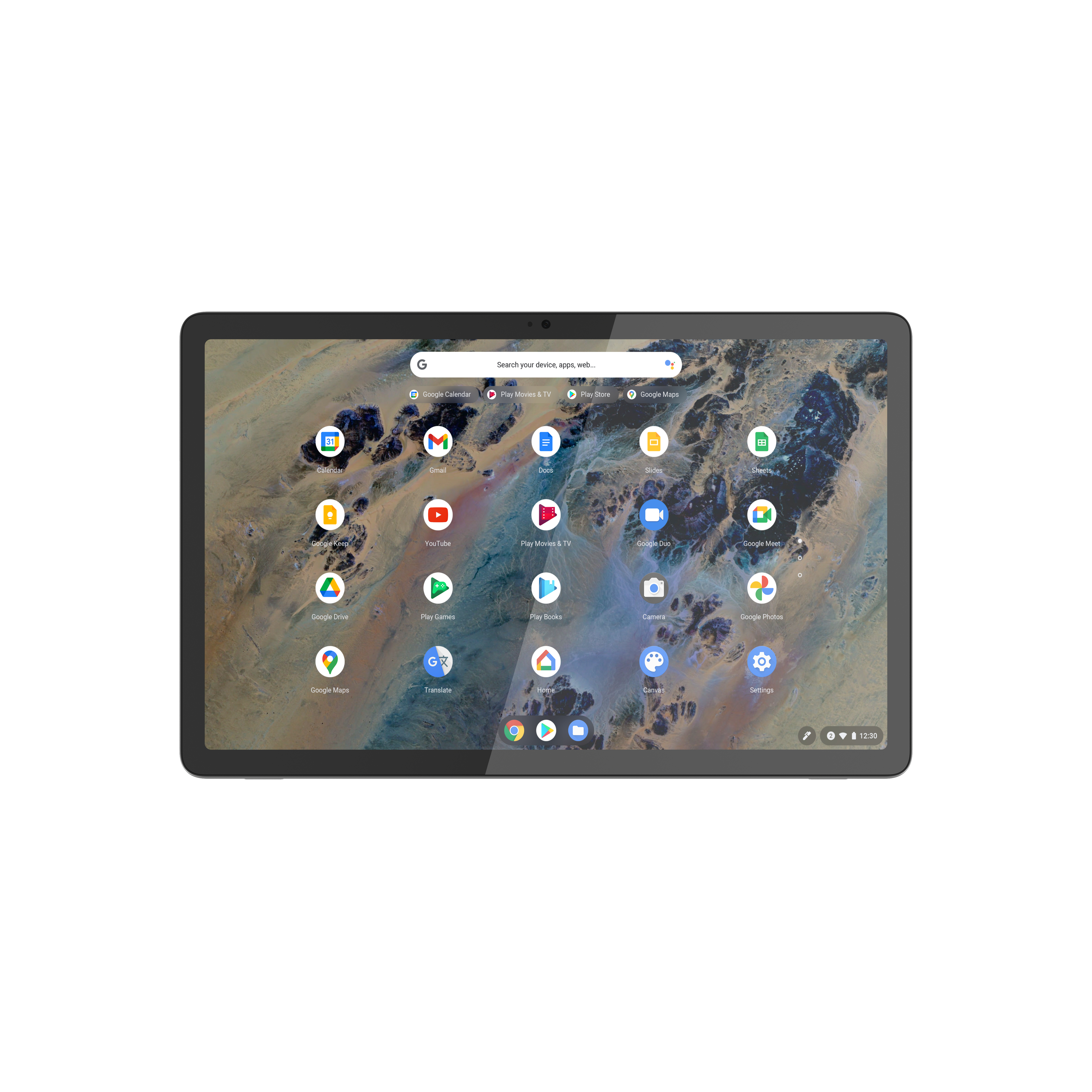 Schwarzes Tablet mit großem Bildschirm, der App-Symbole und eine Benutzeroberfläche mit hellem Hintergrund anzeigt.