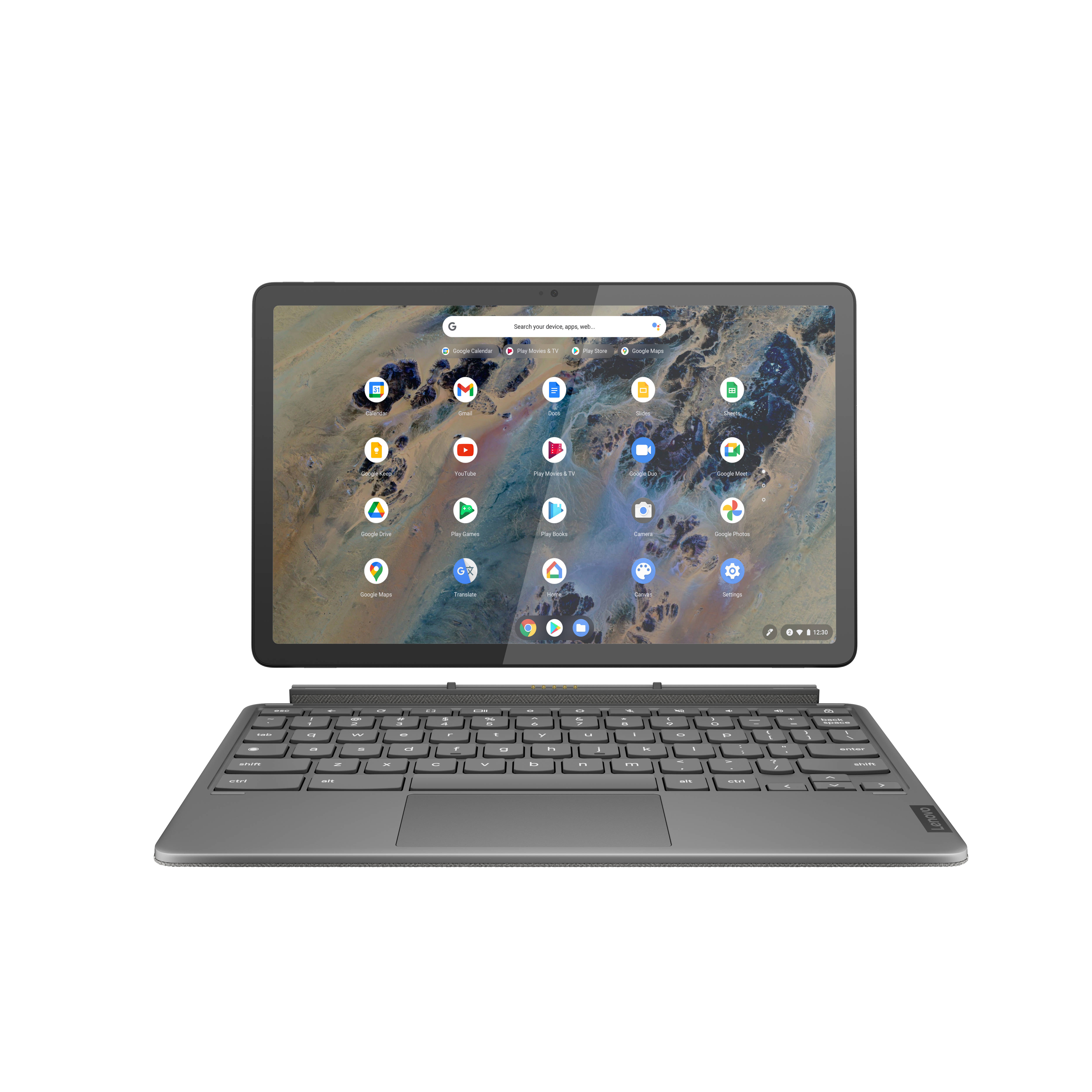 Graues Lenovo Chromebook Duet Tablet mit angeschlossener Tastatur, Frontansicht.