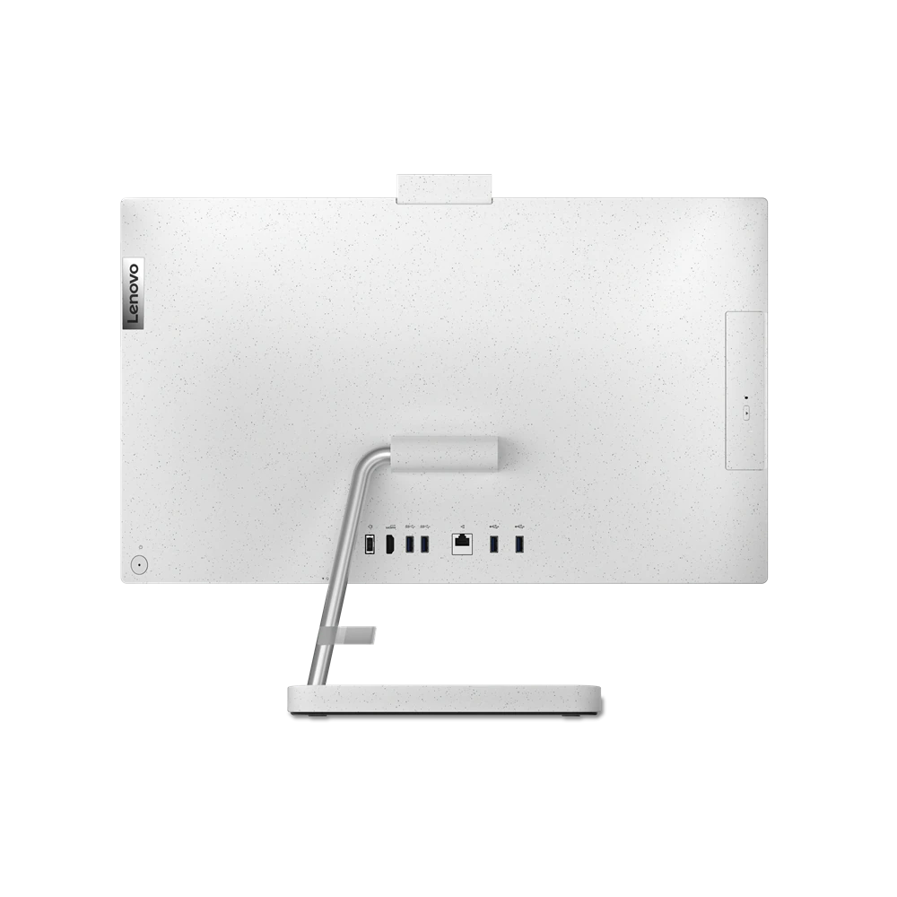 Vista trasera de una computadora todo en uno Lenovo blanca, mostrando puertos y un soporte.