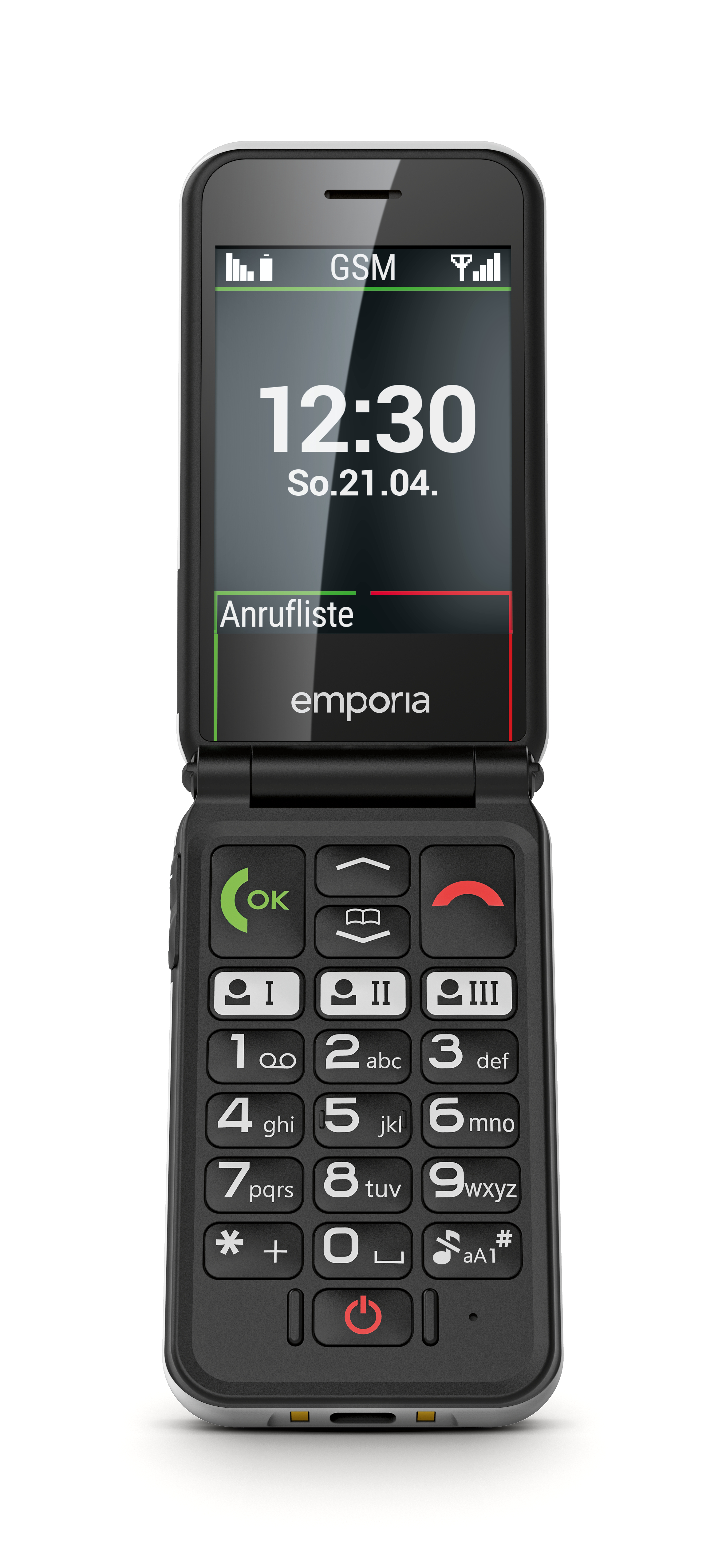 Ein schwarzes Klapphandy mit großen Tasten und Zeitanzeige.