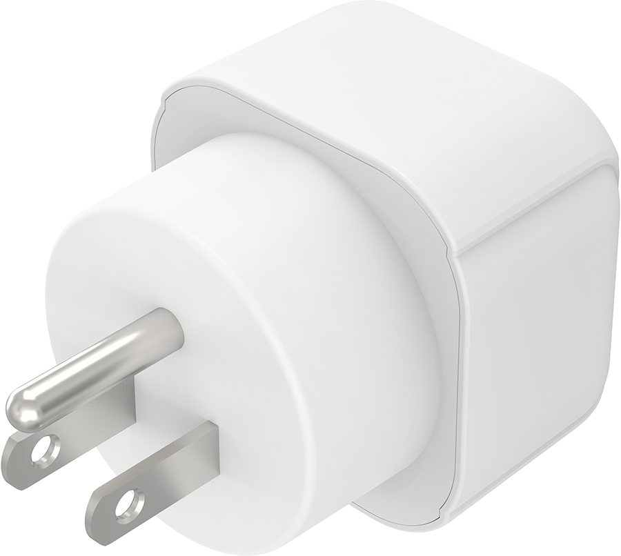 Adaptateur secteur blanc avec deux broches. Gros plan, fond blanc.