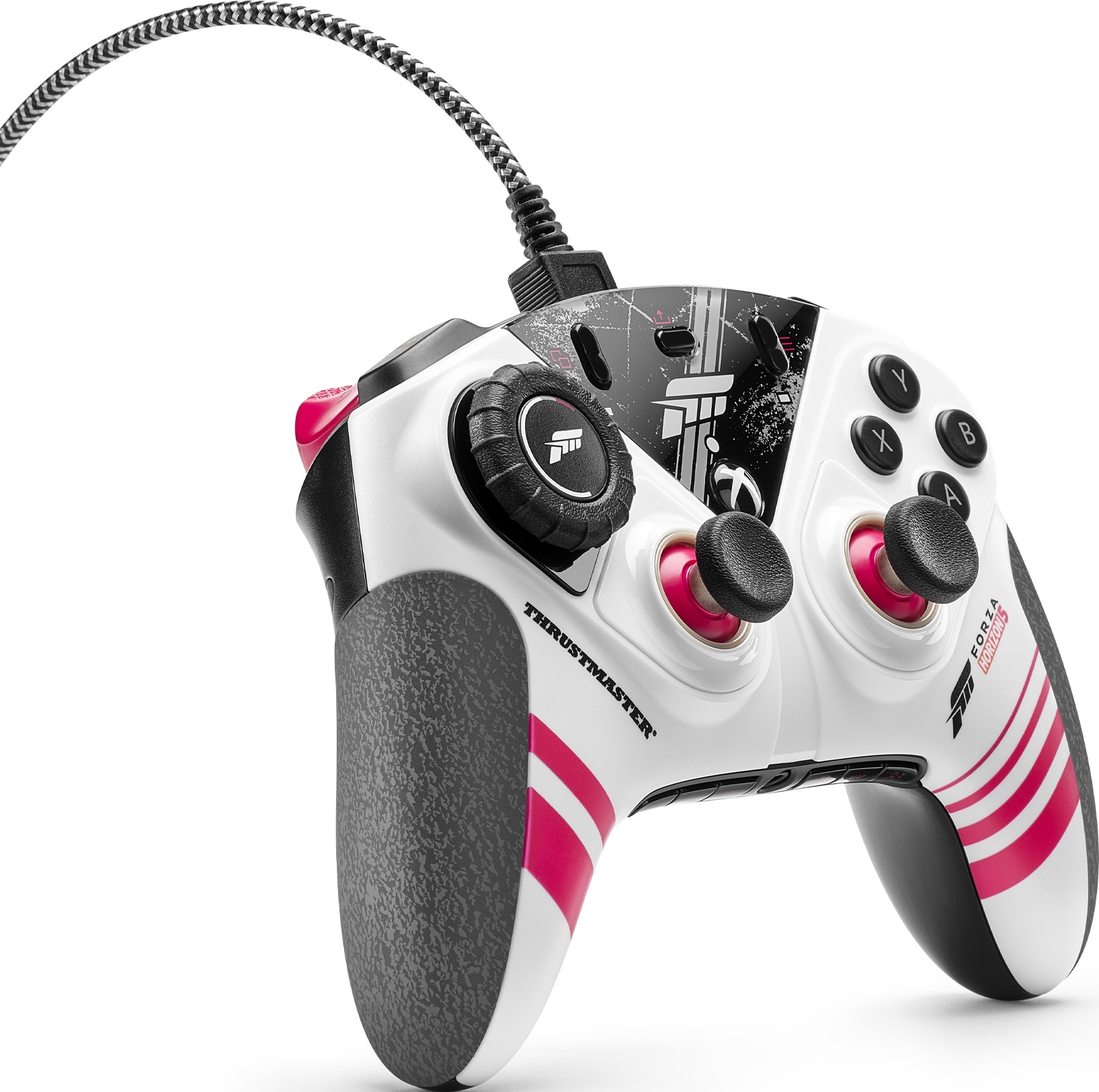 Weiß-roter Thrustmaster-Controller. Mit Tasten, Triggern und einem Kabel.