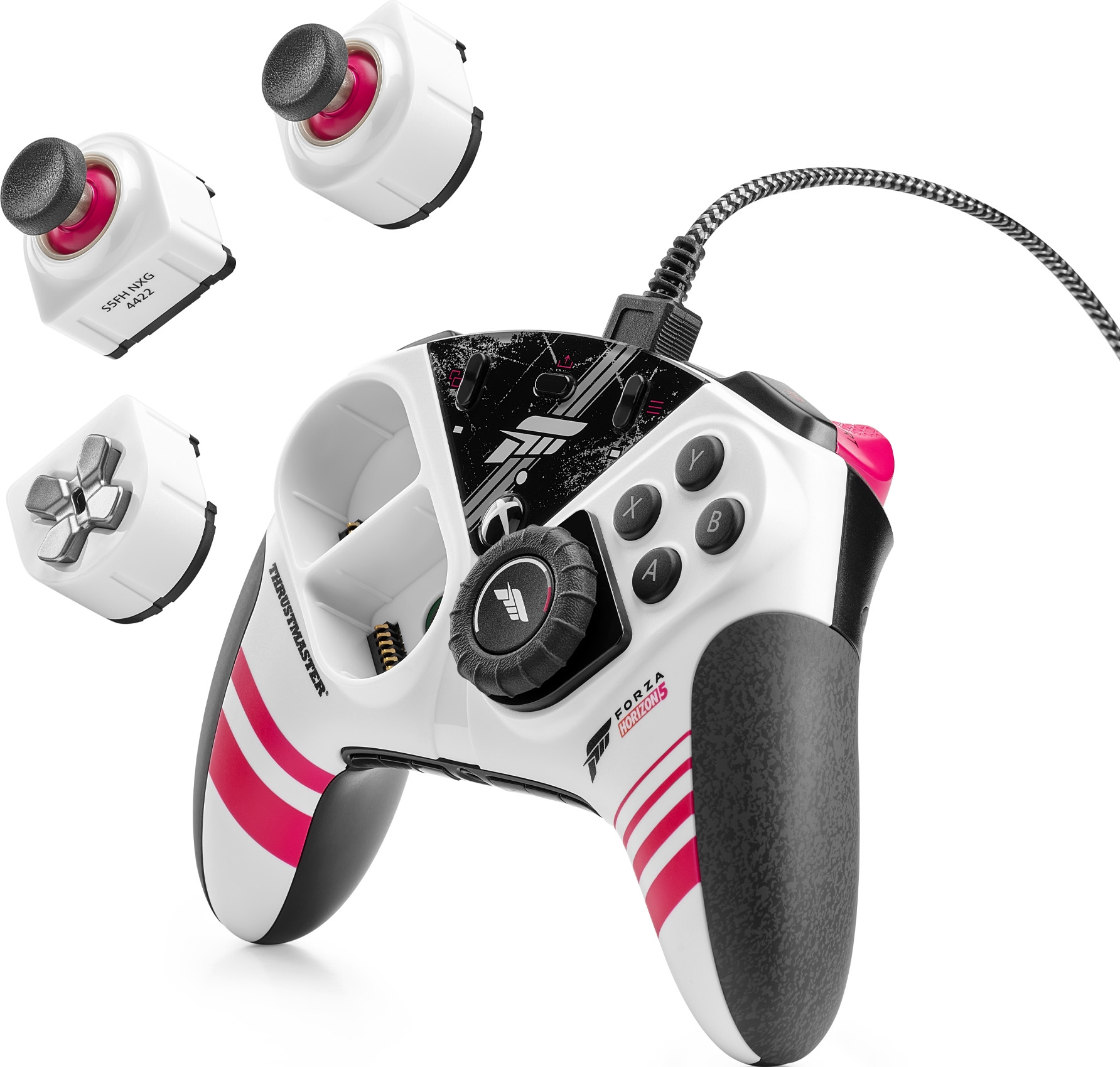 Weißer und rosa Gamecontroller mit austauschbaren Teilen und einem schwarzen Kabel.