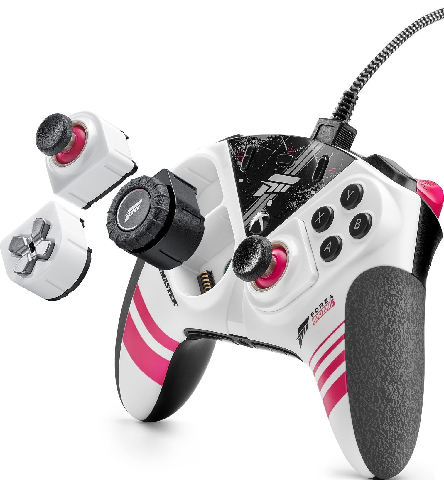 Ein weiß-rosa Gaming-Controller mit schwarzem Kabel und einigen abnehmbaren Teilen.
