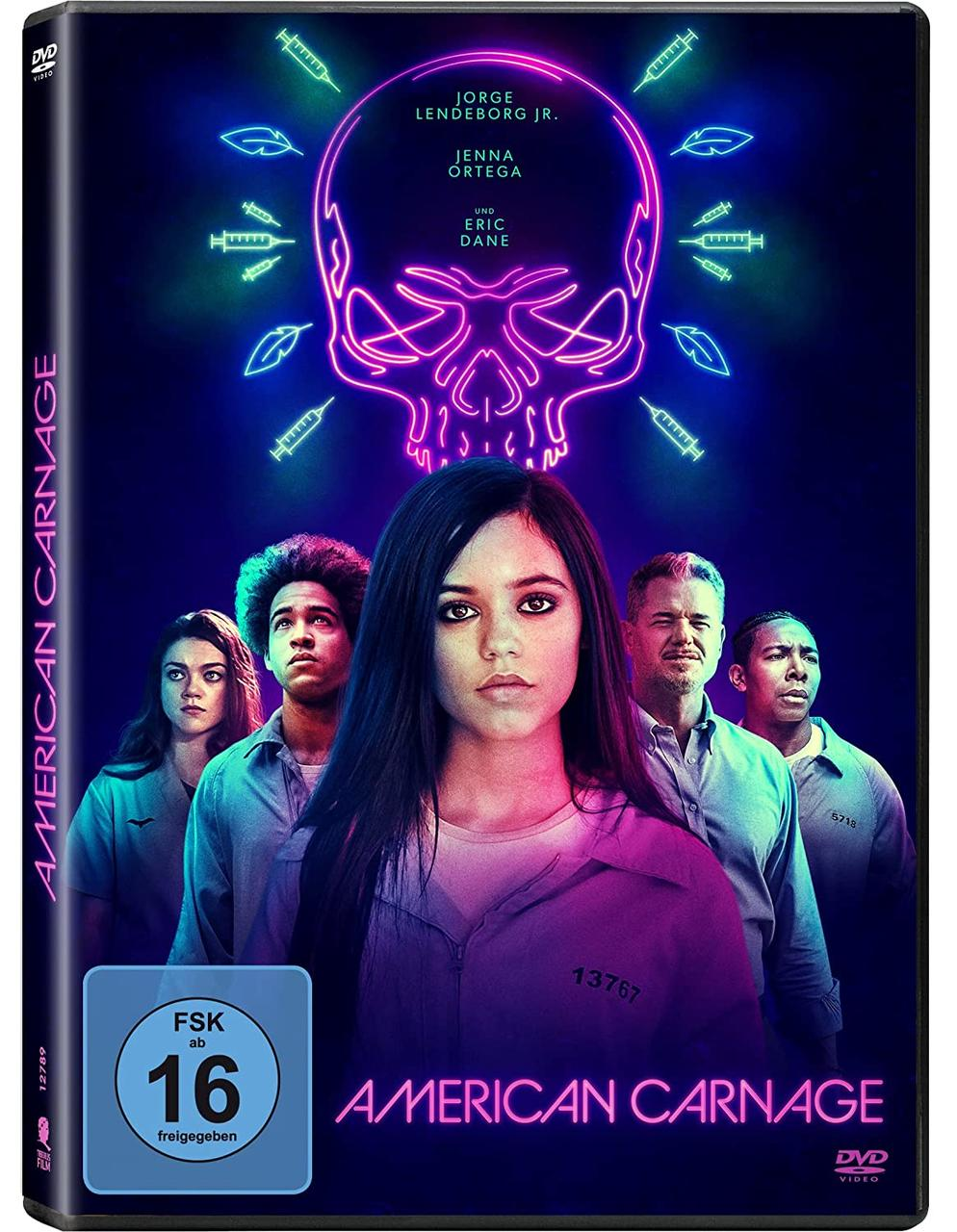 DVD-Cover für 'American Carnage'. Mit Schauspielern, Jenna Ortega. Neon-Schädel-Grafik.