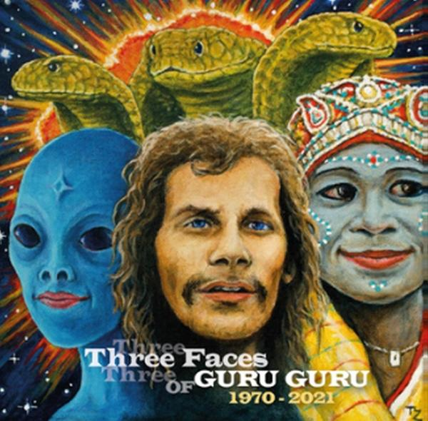Albumcover mit einem zentralen Bild eines Mannes, umgeben von anderen Gesichtern und Schlangen.