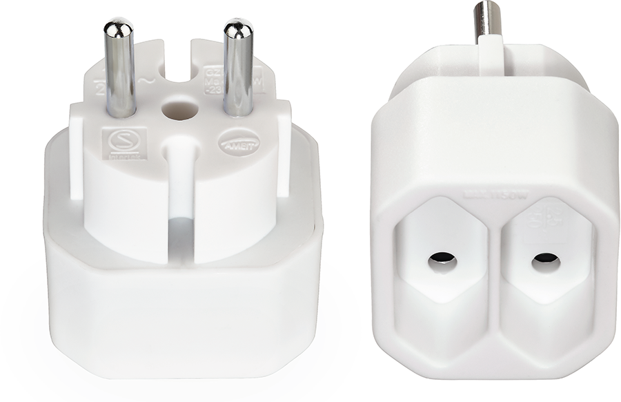 Two white travel adapter plugs, one side view and the other with the plug pins showing.