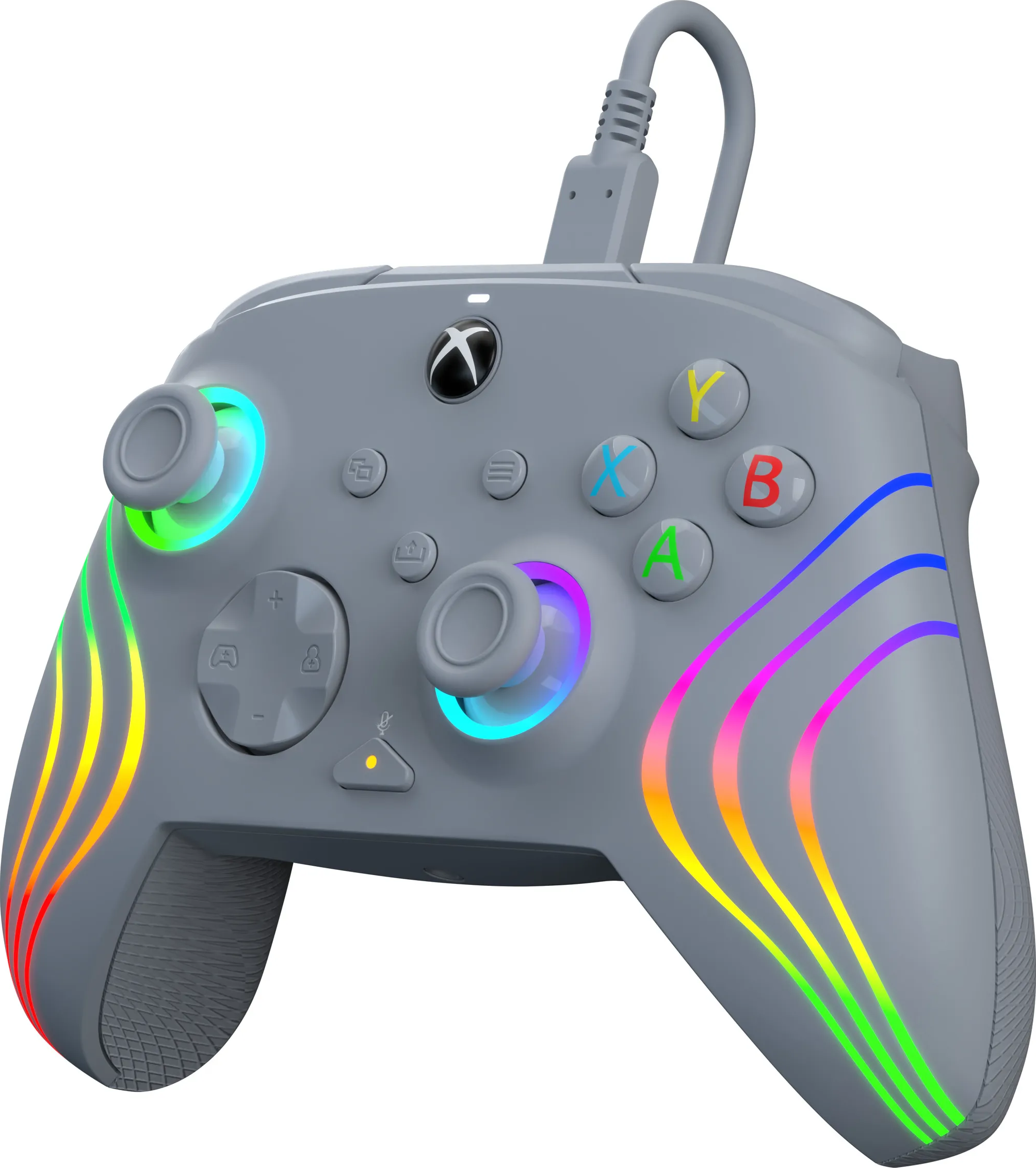 Controller Xbox grigio con strisce luminose colorate. Include pulsanti, grilletti e un cavo USB.