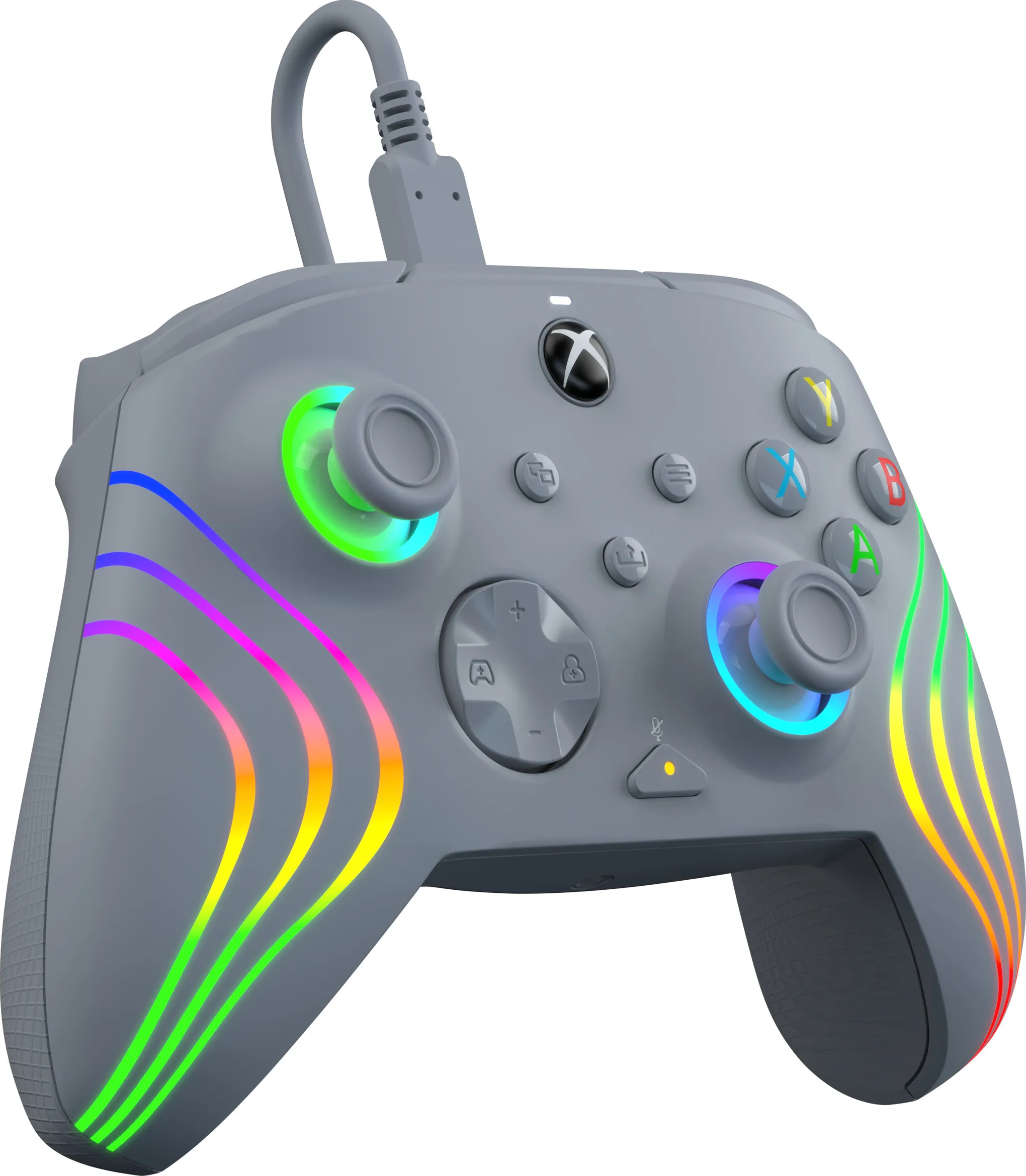 Controller Xbox grigio con dettagli LED multicolore e connessione cablata.