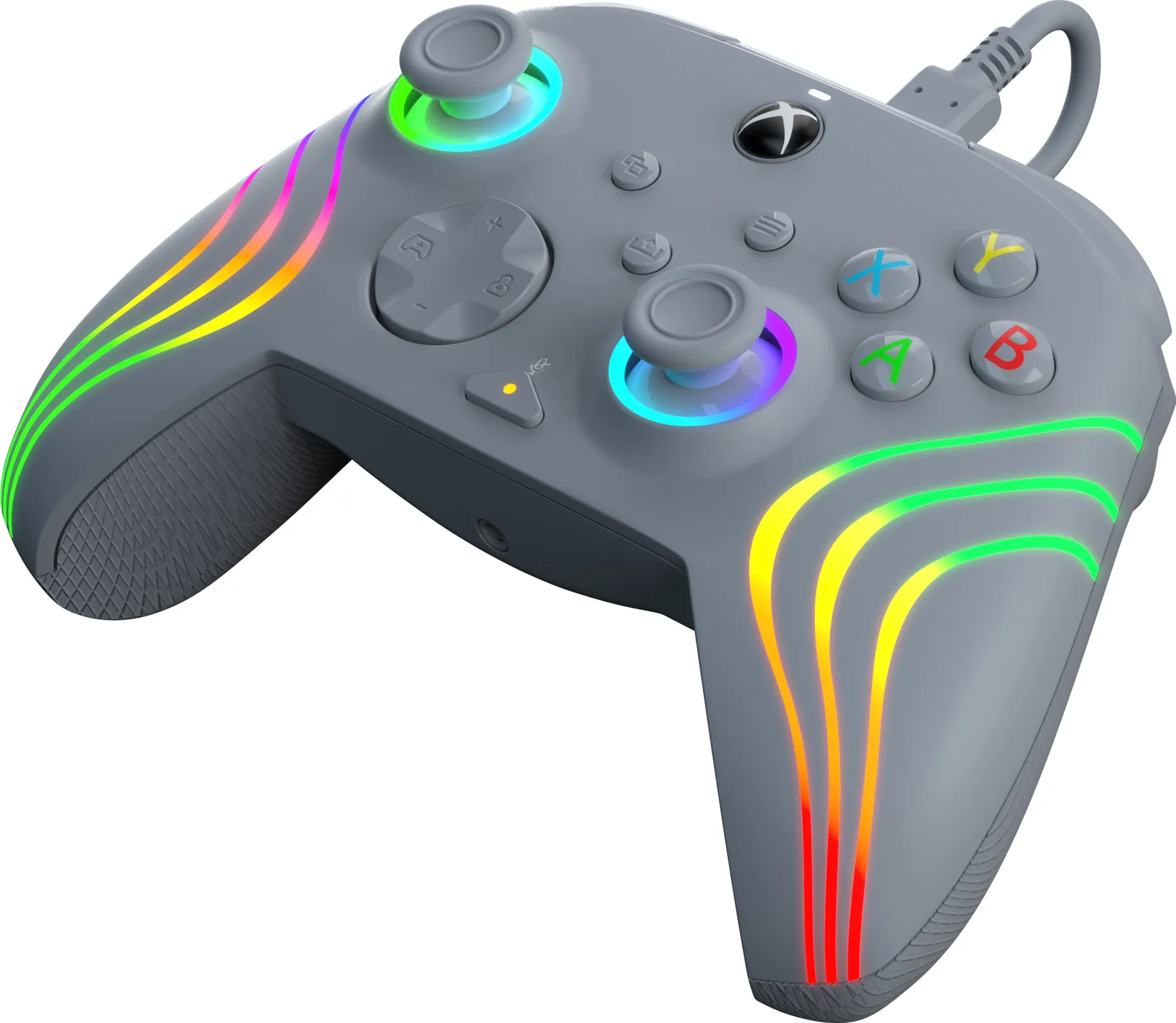 Controller Xbox grigio con luci arcobaleno e vari pulsanti.