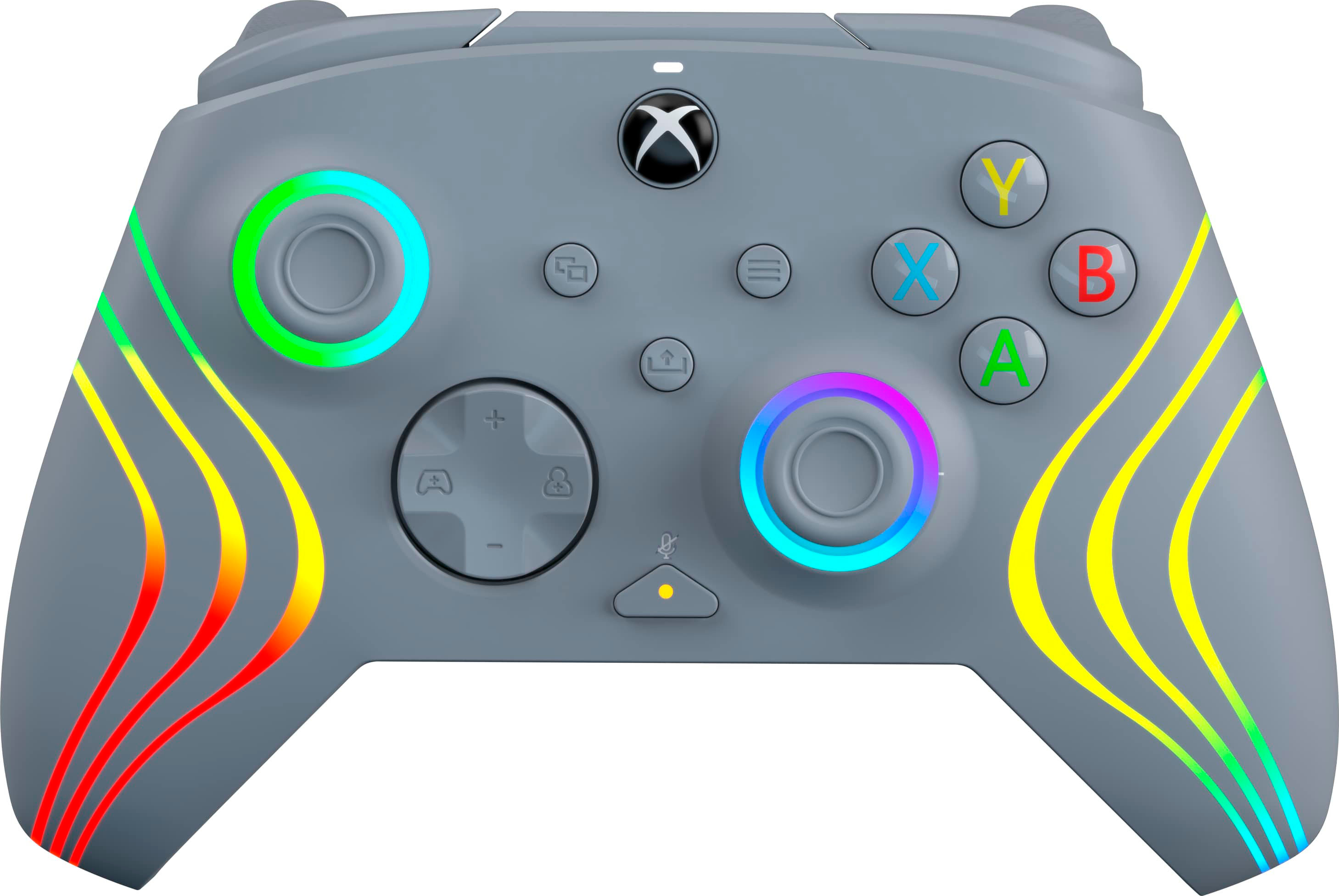 Un controller di gioco grigio con luci colorate attorno ai joystick e ai pulsanti.