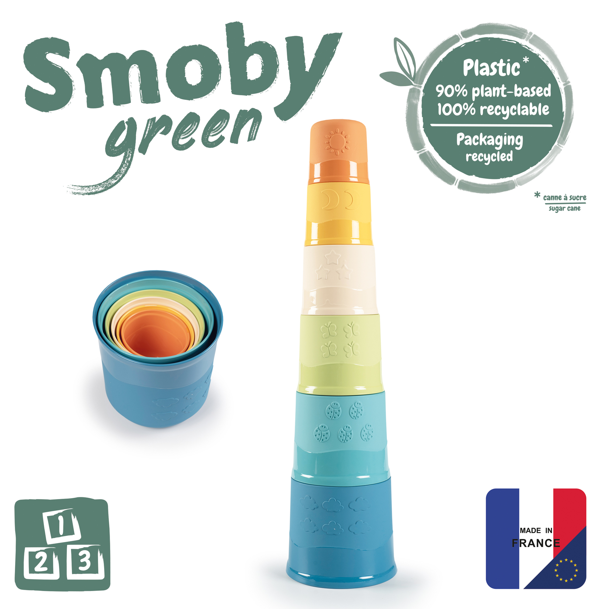 Ein stapelbares Spielzeug mit verschiedenfarbigen Bechern. Eine blaue Basis und ein grüner, gelber, oranger Top.