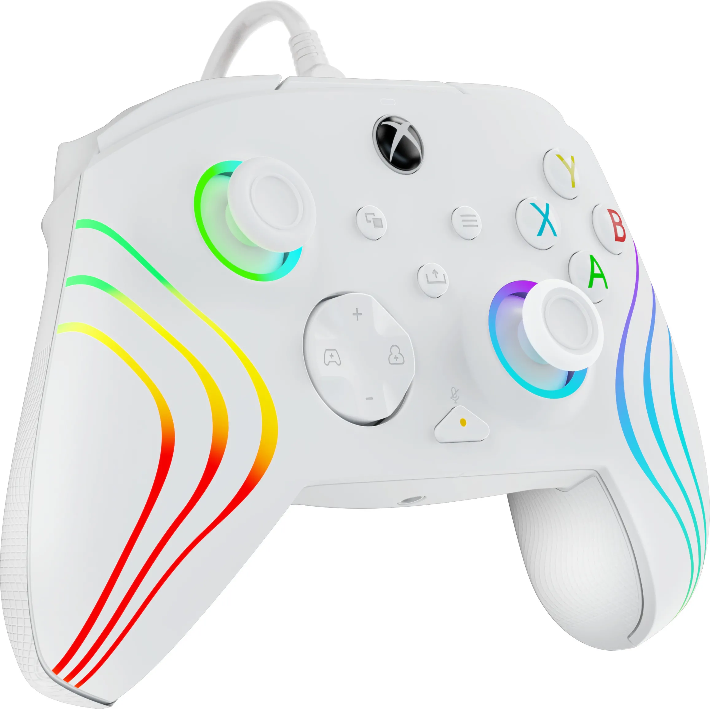 Controller Xbox bianco e arcobaleno con pulsanti e un cavo.