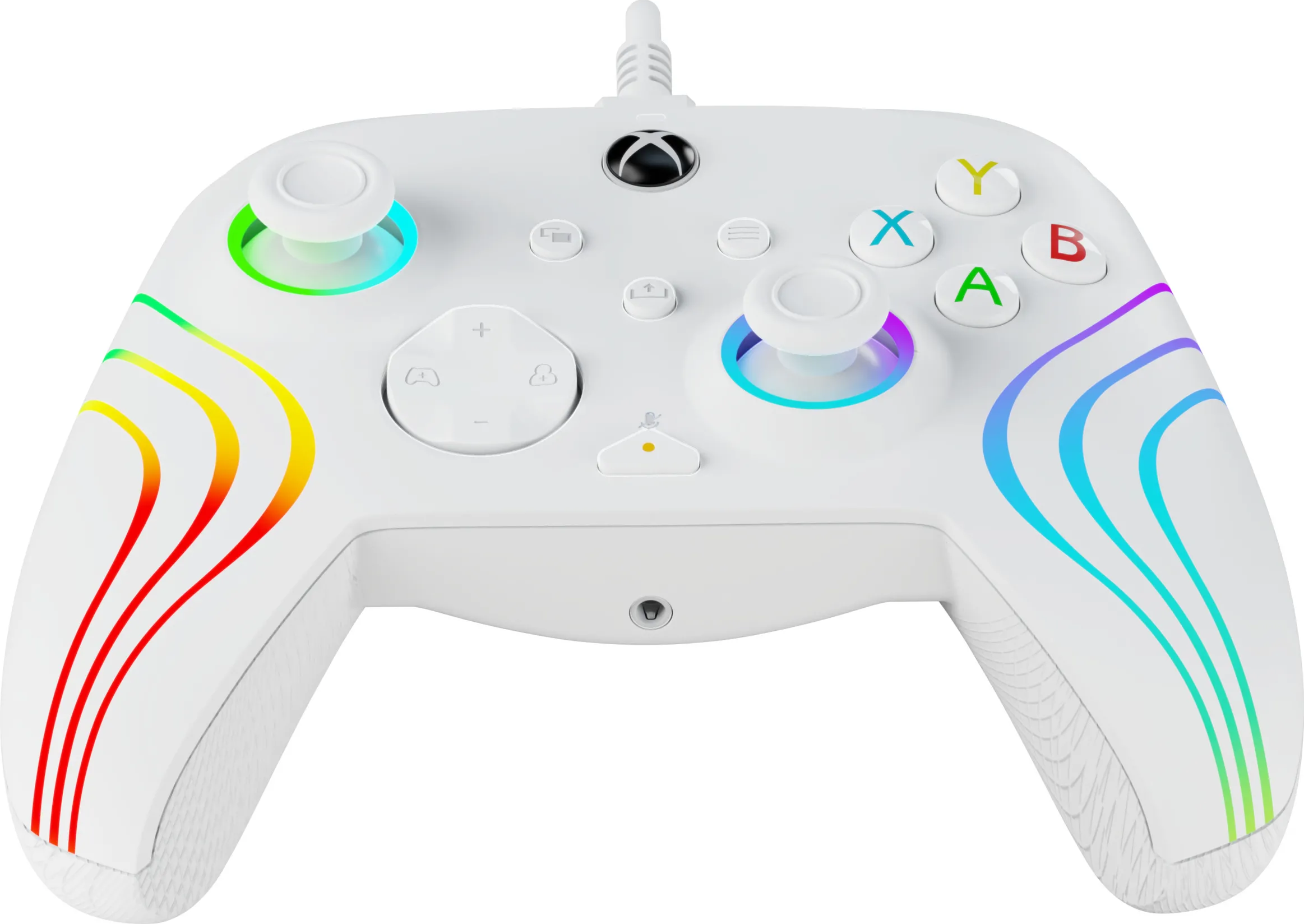 Controller Xbox bianco con luci colorate. Il controller ha pulsanti e una connessione cablata.