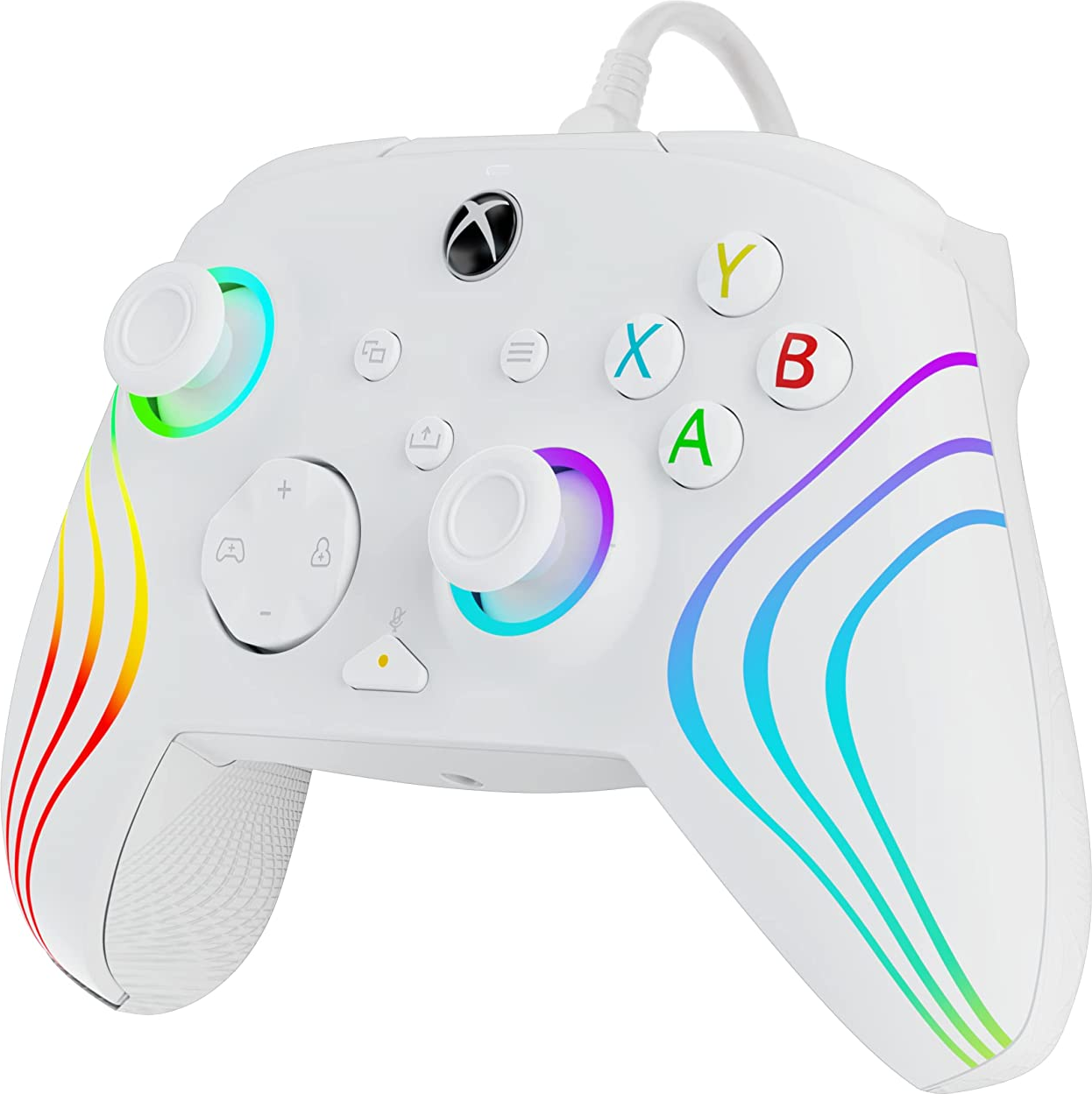 Controller Xbox bianco con accenti arcobaleno attorno ai pulsanti e agli stick.