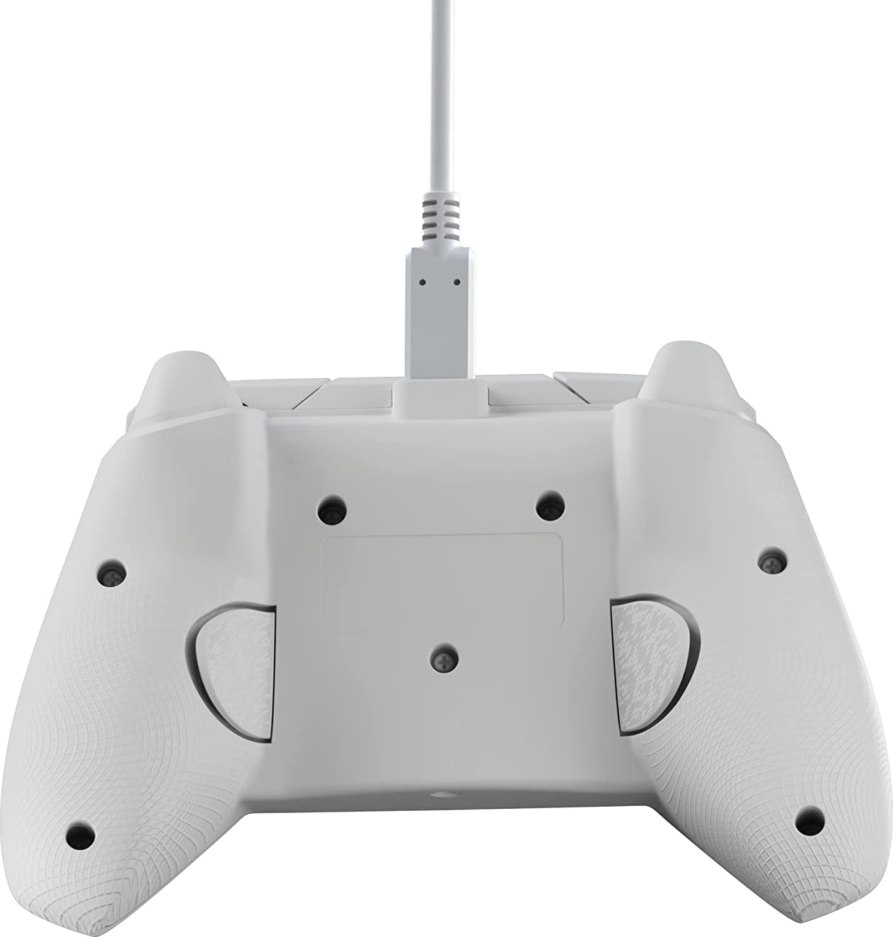 Retro di un controller bianco con cavo.