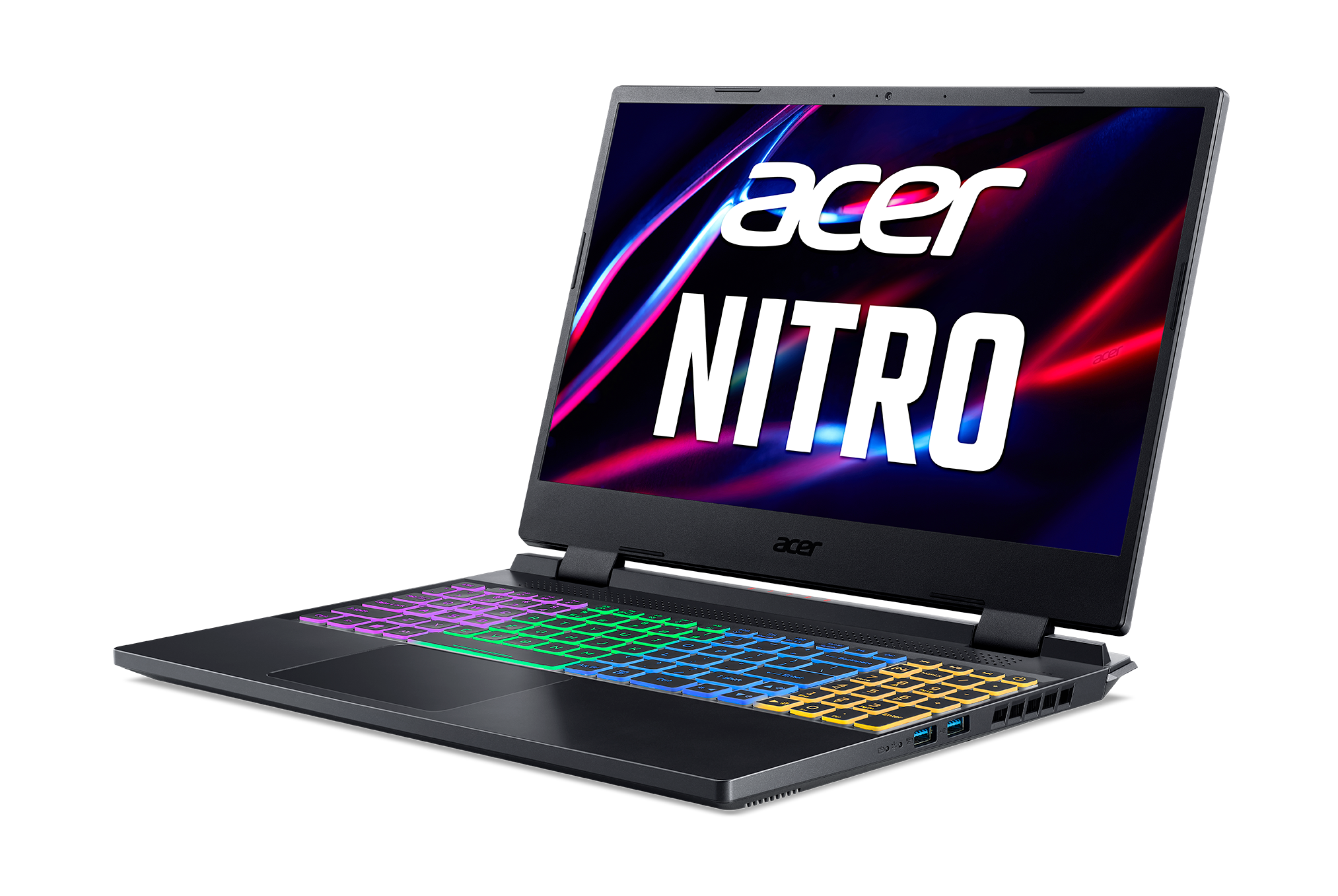 Un portátil negro con teclado colorido. La pantalla muestra el texto "acer NITRO".