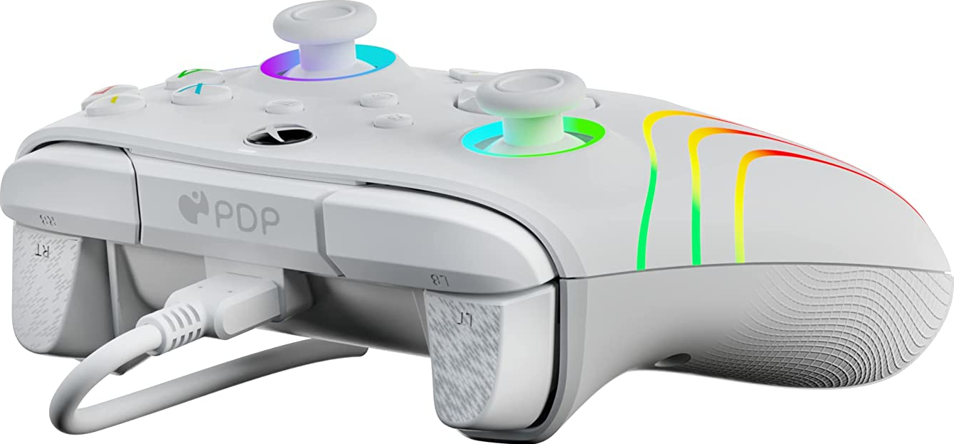 Controller Xbox bianco con luci colorate e logo PDP.