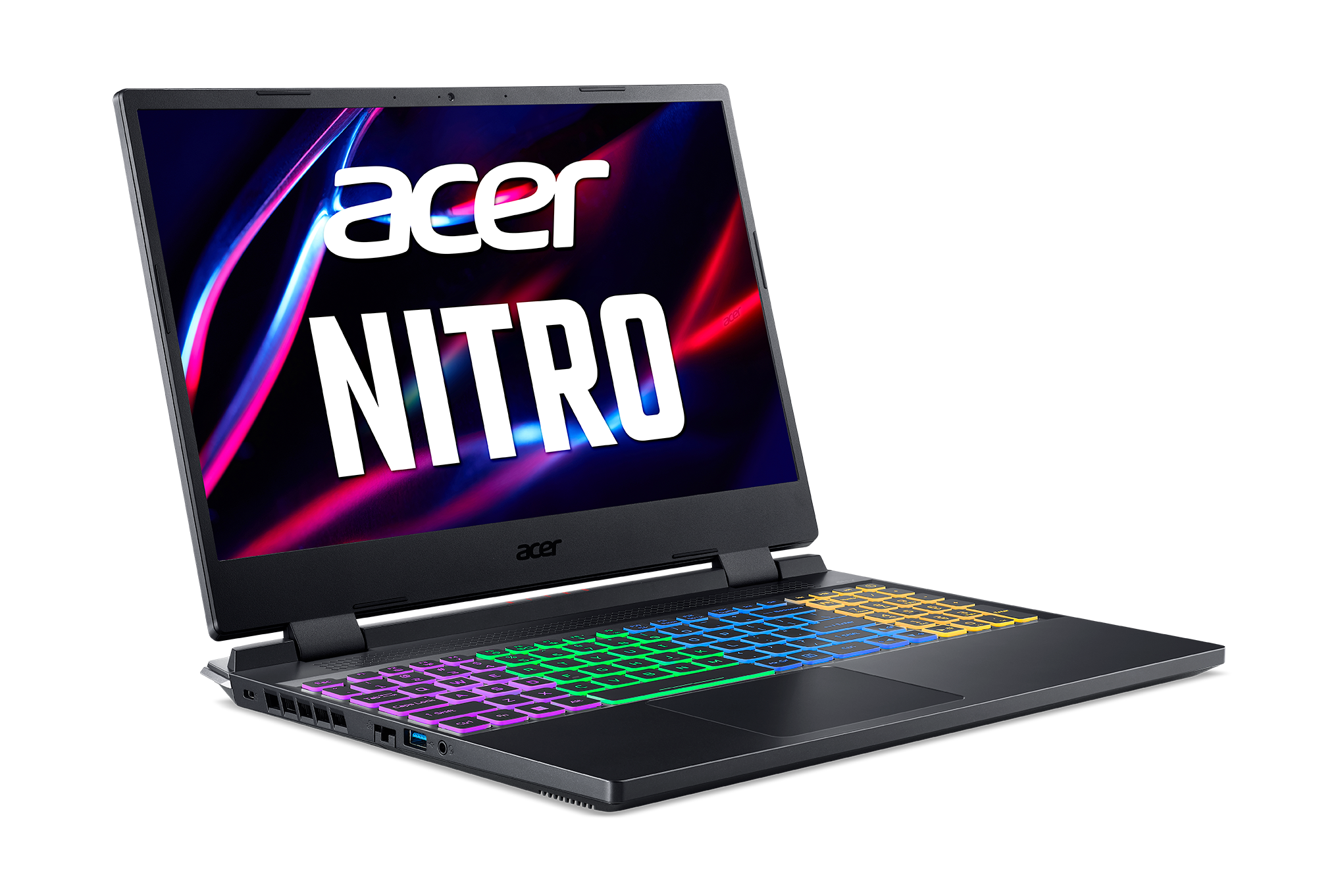 Una laptop negra con un teclado colorido y la palabra NITRO se muestra. El logotipo de Acer es visible.