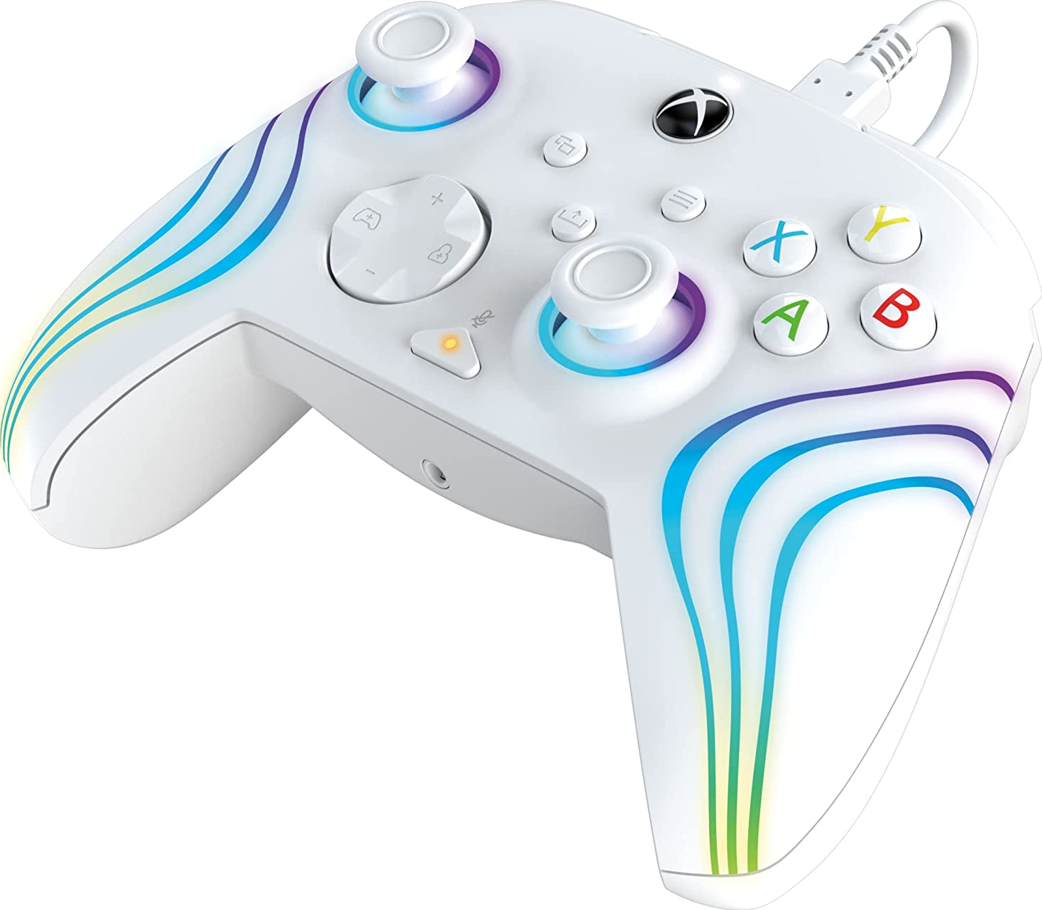 Un controller di gioco bianco con accenti colorati, pulsanti e linee luminose.