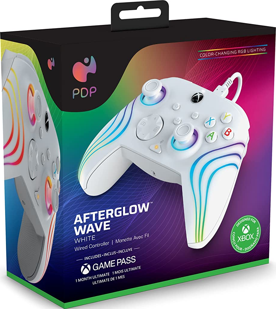 Controller Xbox Afterglow Wave bianco con luci che cambiano colore.