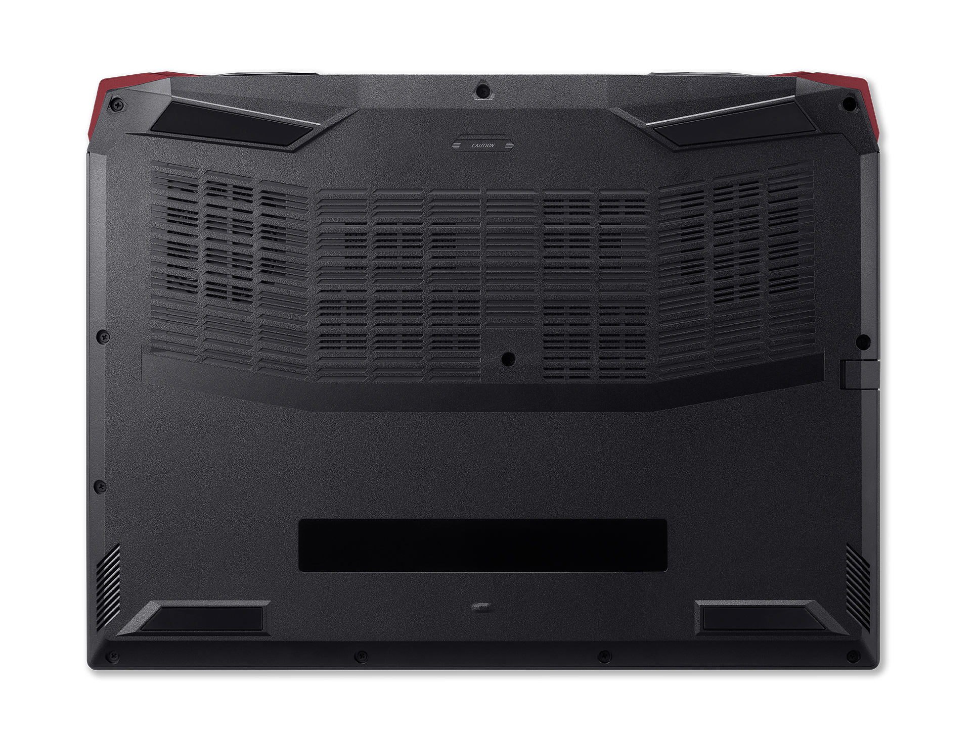 La parte inferior de un portátil Acer negro y rojo con ventilaciones y una abertura central.