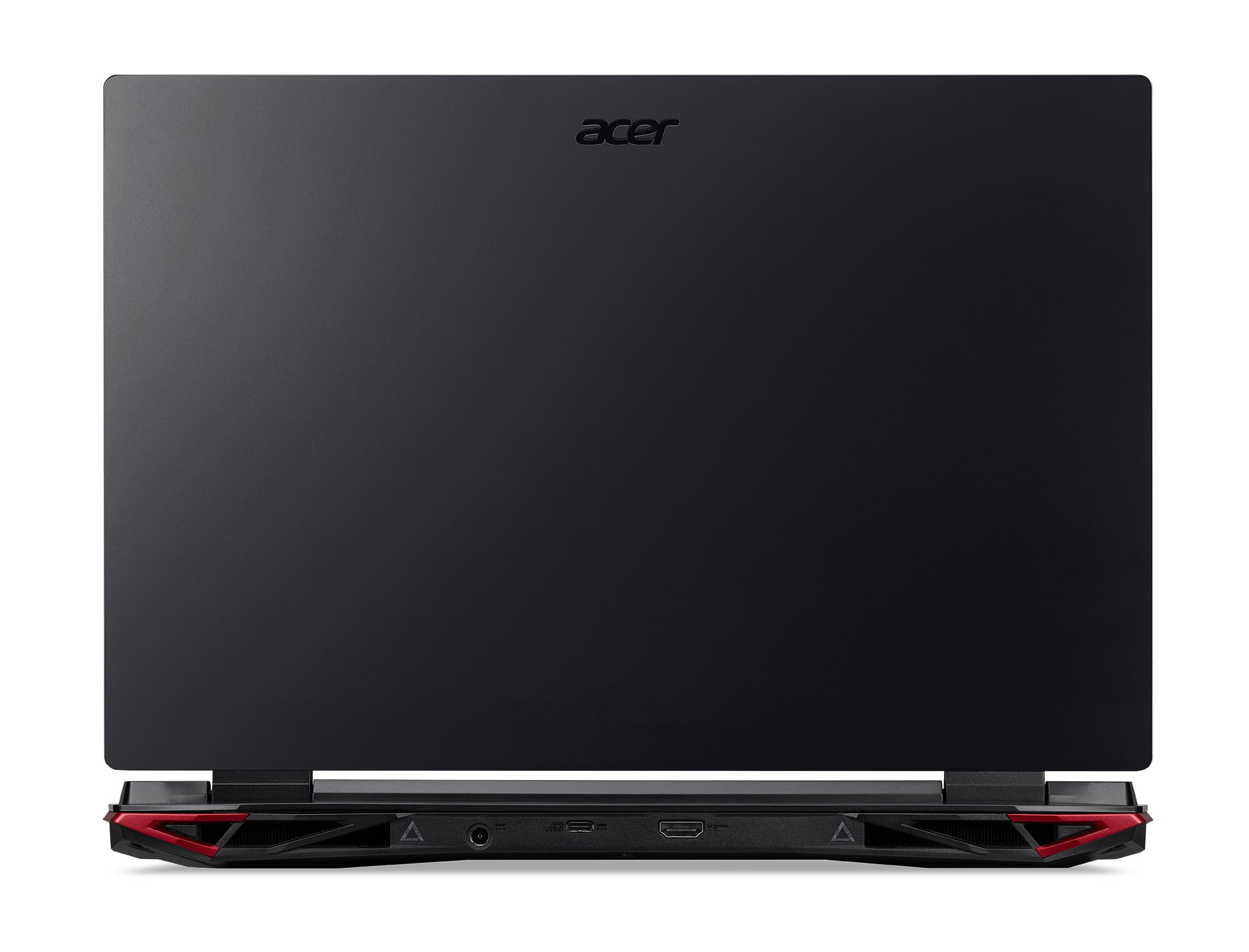 La parte trasera de un portátil Acer negro con el logotipo de Acer y detalles rojos.