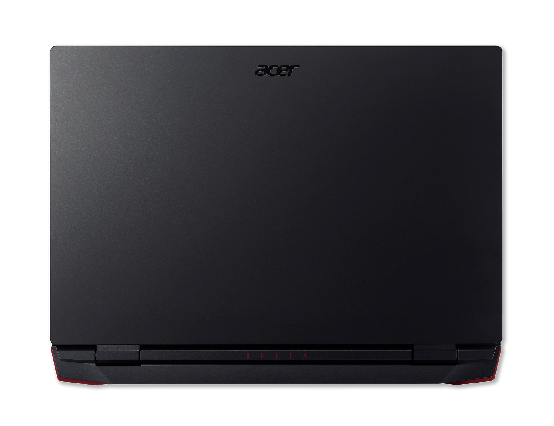 Portátil negro, vista superior, logo Acer arriba, acentos rojos abajo.