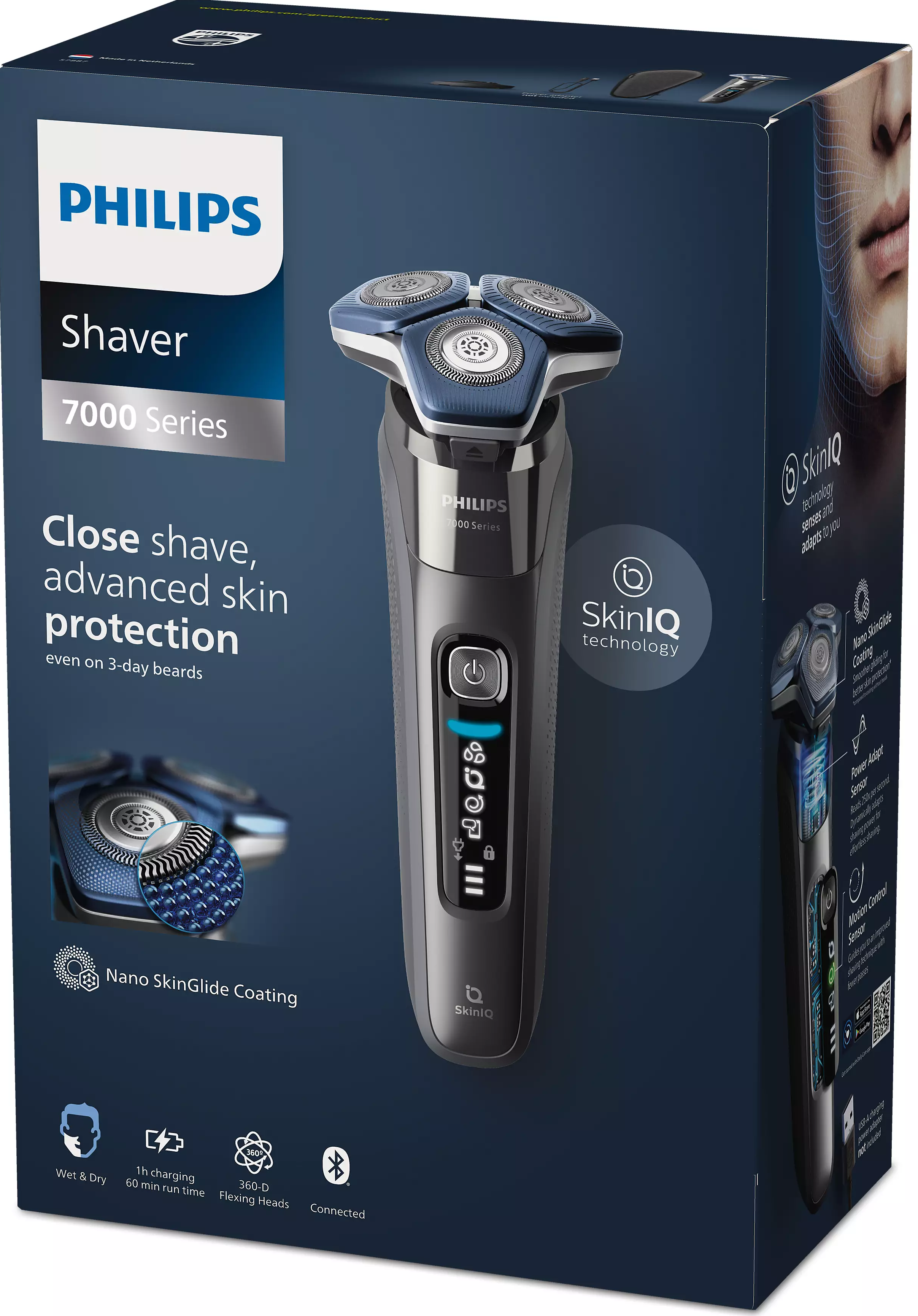Une boîte de rasoir Philips avec un gros plan du rasoir et de ses caractéristiques.