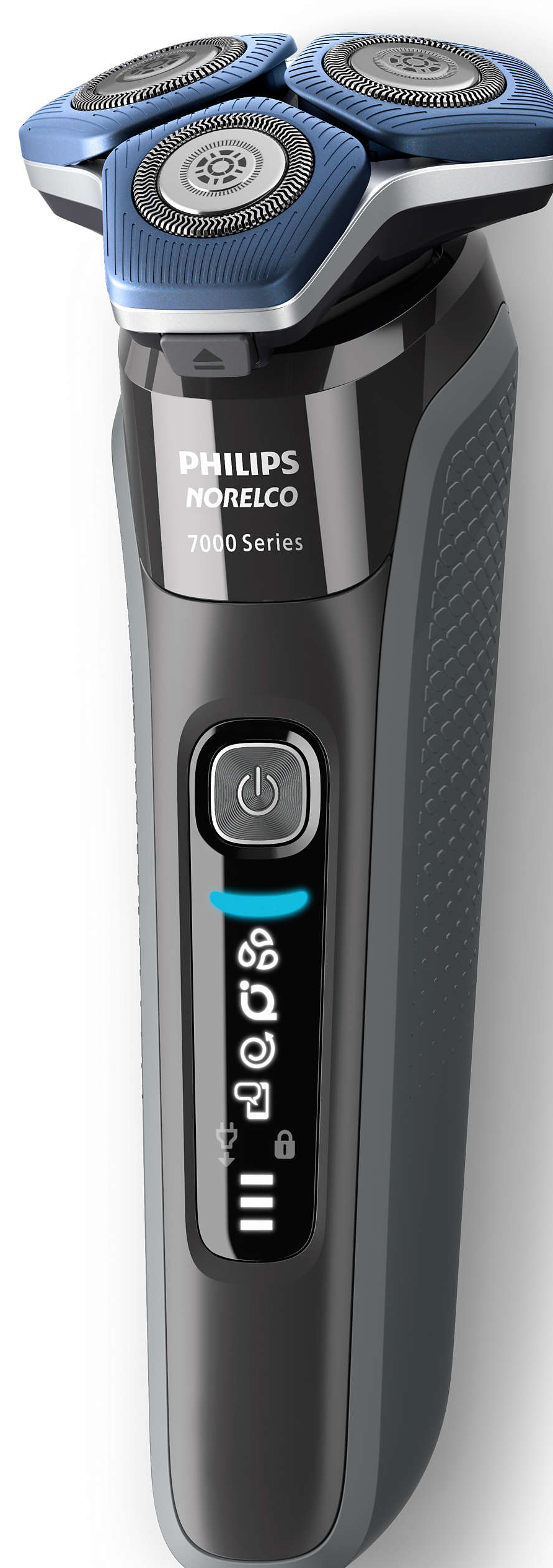 Rasoir Philips Norelco série 7000 noir et gris avec lames et affichage bleus.