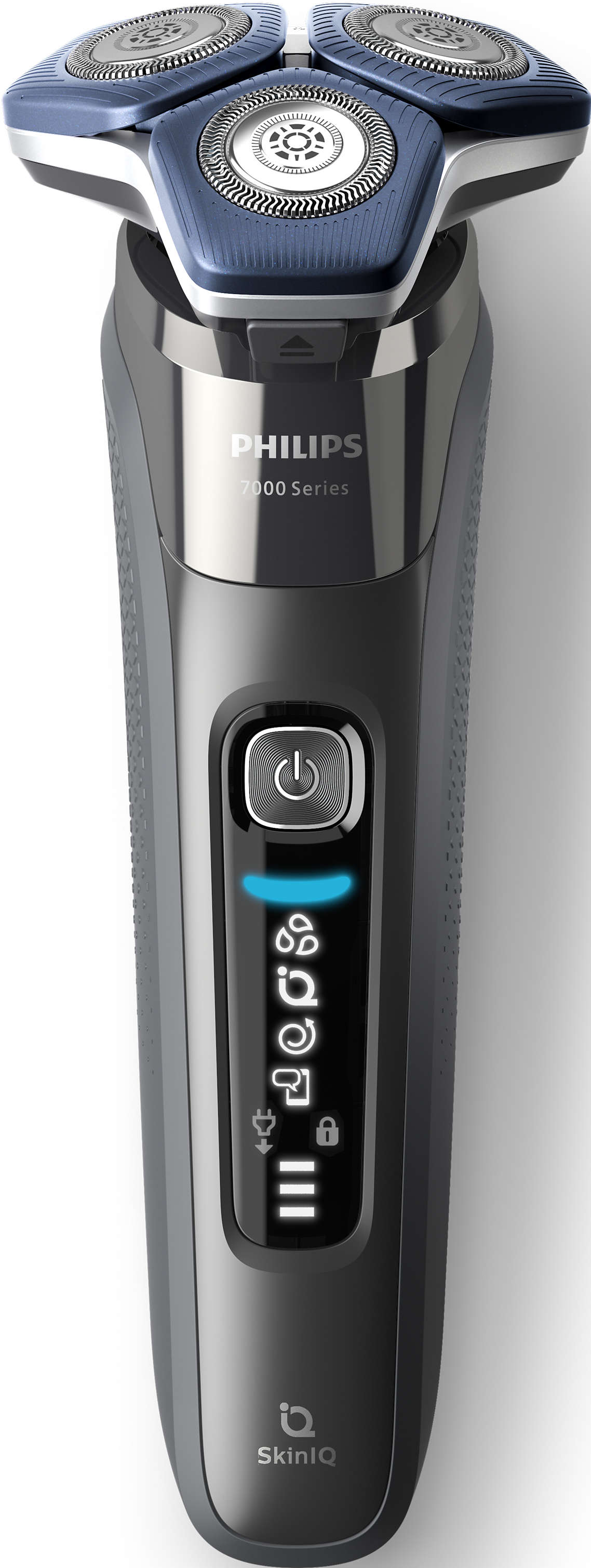 Un rasoir Philips gris et noir montrant le bouton d'alimentation et les fonctionnalités skin iQ.