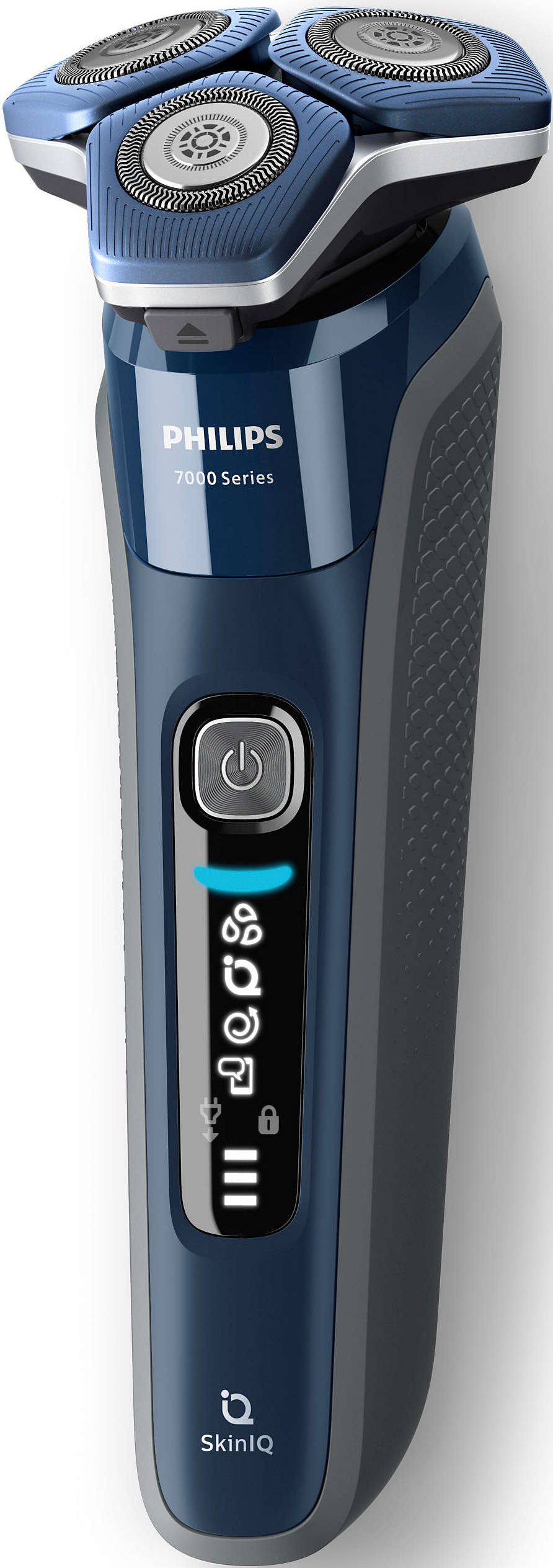 Un rasoir électrique Philips bleu et gris, avec les détails et le bouton du produit.