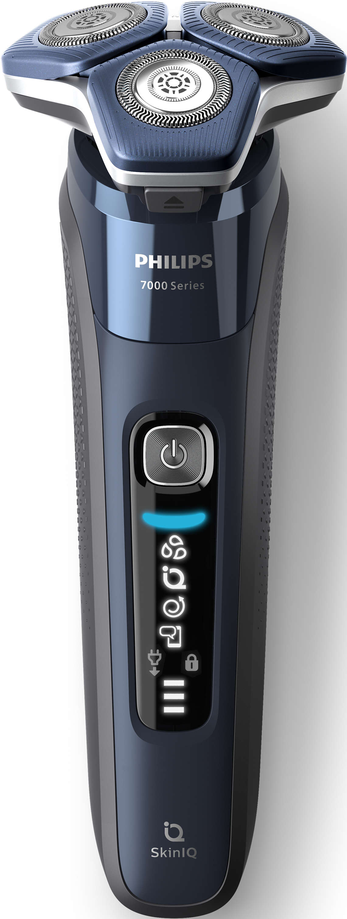 Rasoir électrique Philips bleu et noir, SkinIQ. Vue rapprochée. Diverses icônes d'état visibles.