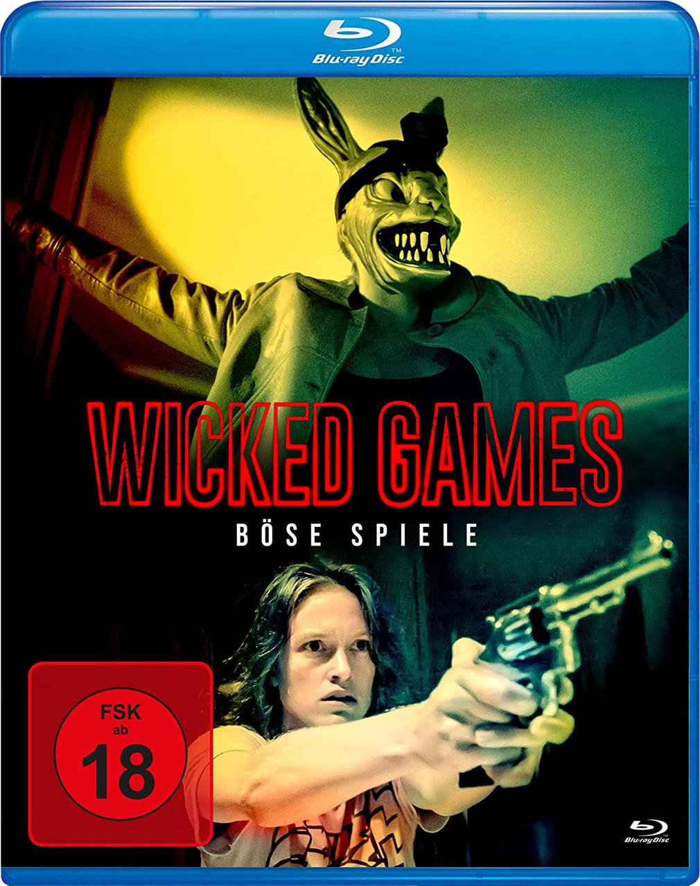Eine DVD-Hülle für 'Wicked Games'. Das Cover zeigt eine Person mit Maske und eine Frau mit Waffe.