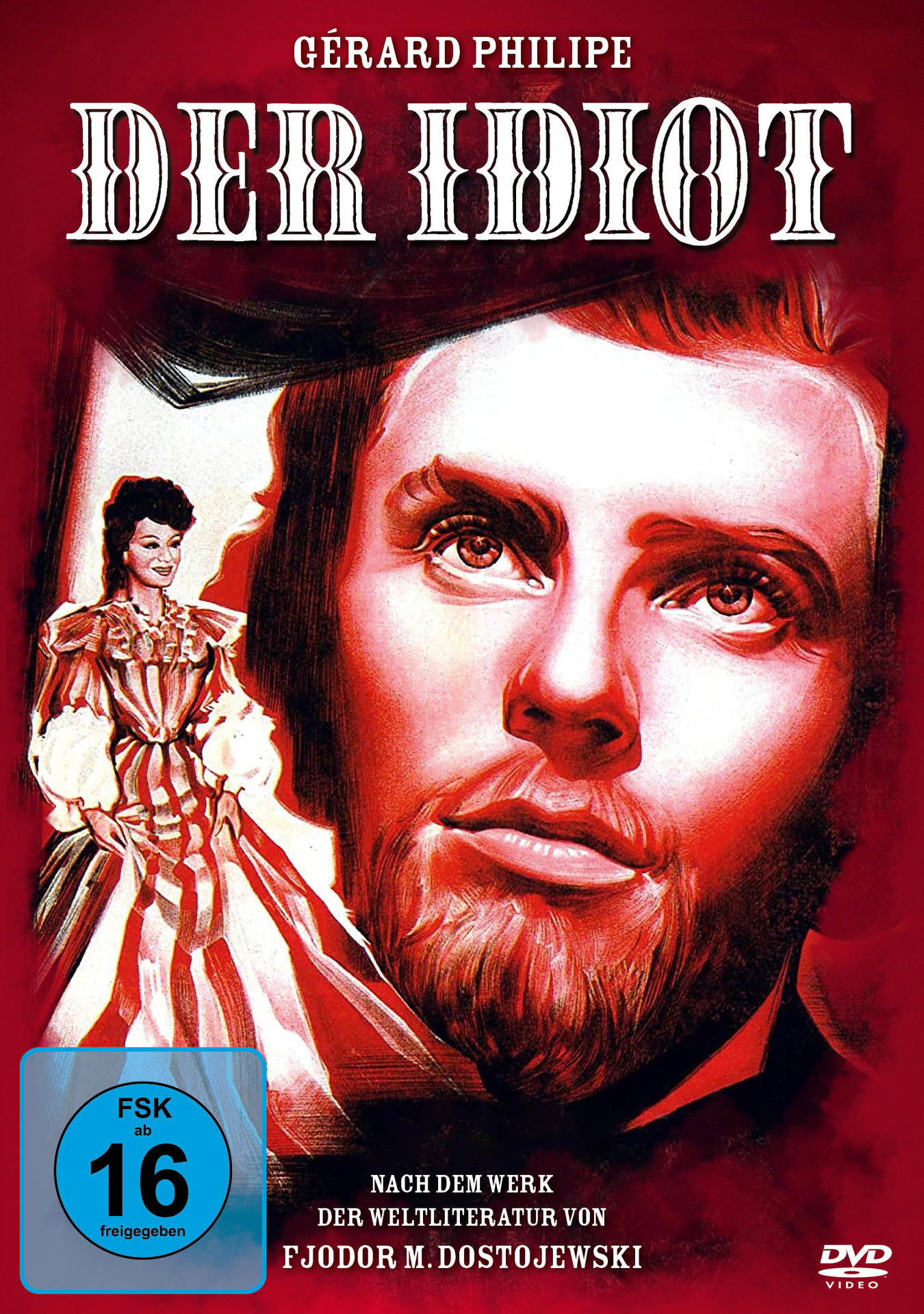 DVD-Cover von "Der Idiot" zeigt das Gesicht eines Mannes und eine Frau in einem Kleid.