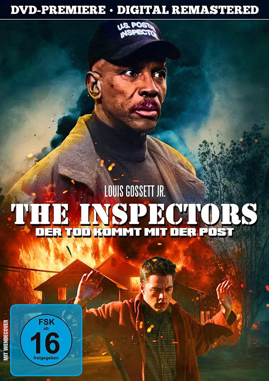 DVD-Cover für 'The Inspectors', mit einem Mann mit Hut und einem brennenden Haus im Hintergrund.