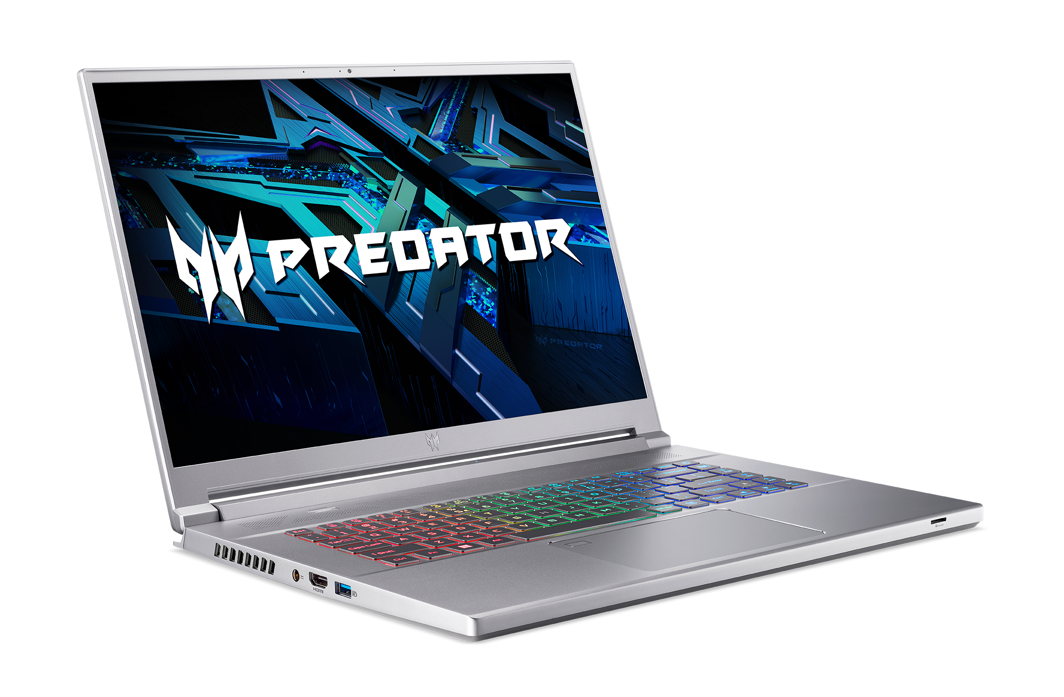 Un portátil para juegos plateado sobre una superficie negra, con el teclado iluminado.
