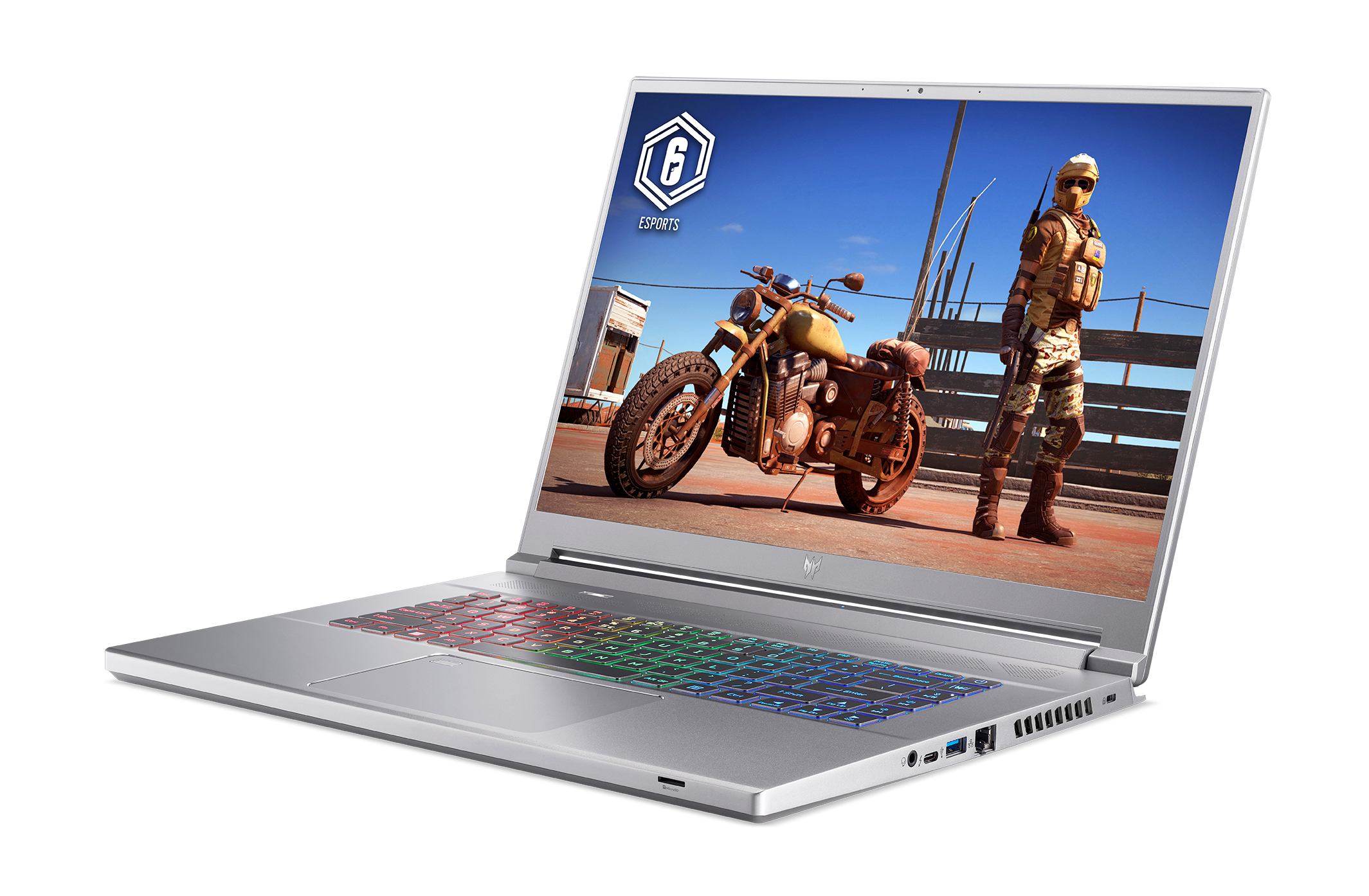 Ordenador portátil con pantalla de juego, moto y personaje. Marco plateado, teclado colorido.