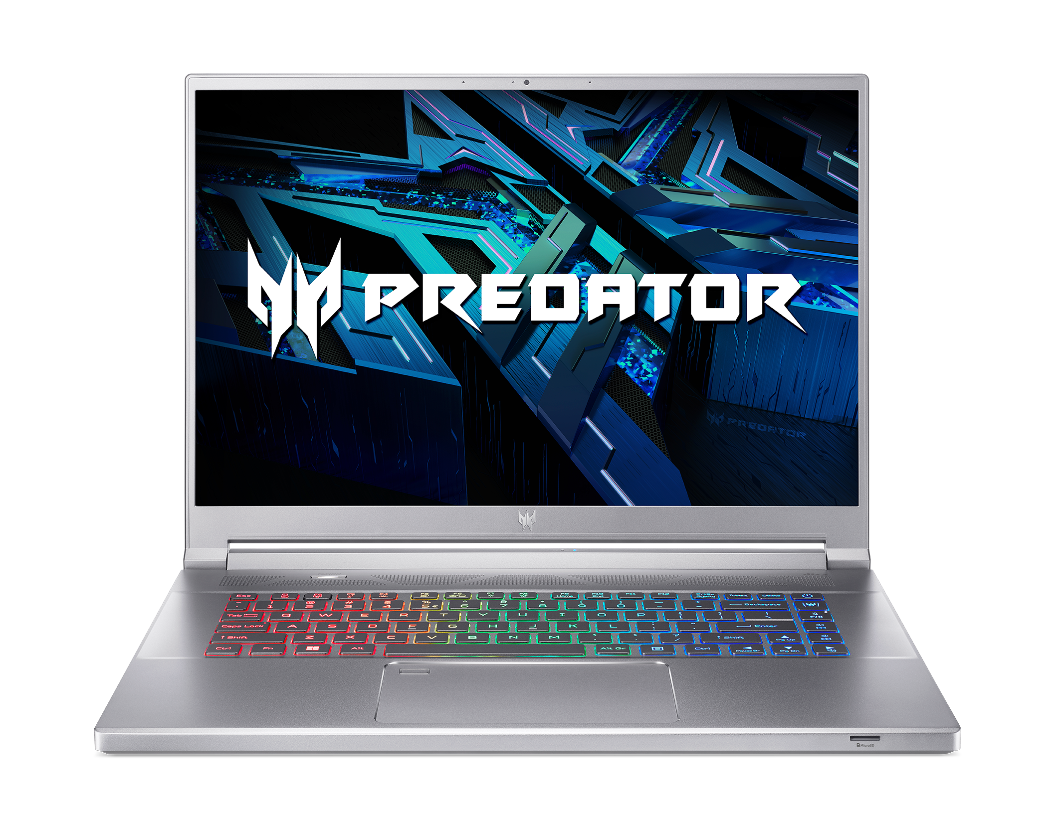 Portátil Predator plateado con teclado iluminado y pantalla con el logo Predator. Fondo negro.